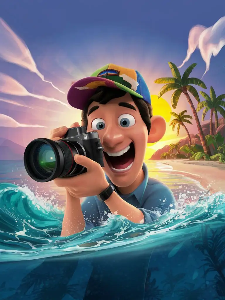 a handsome guy in a Pixar-style cap, holding a camera in his hands, and shouting very loudly, against the background of an island with palm trees and the ocean