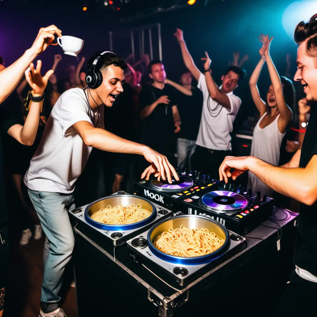 a DJ playing music at a DJ booth and people dancing around it and holding a cup of noodles