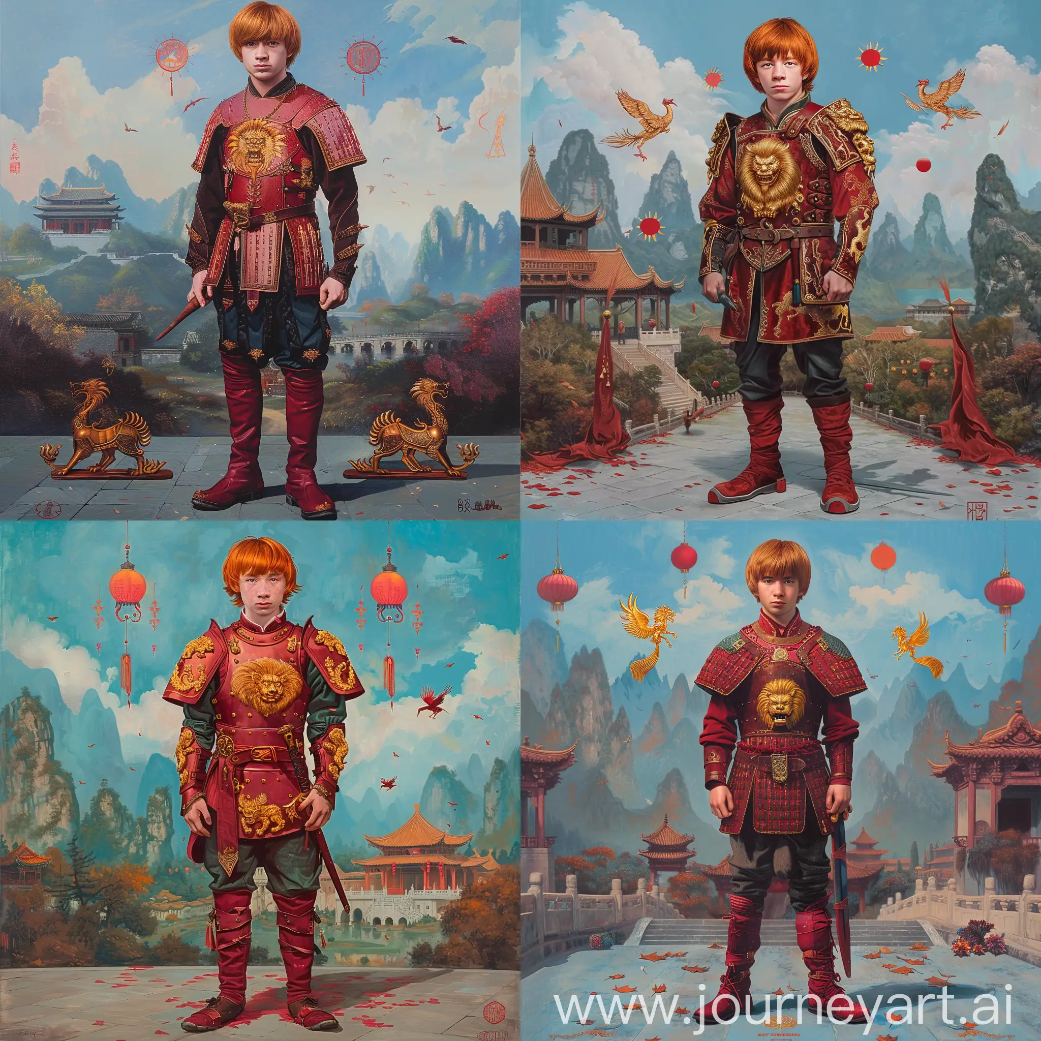 Historic painting style:

an handsome Ron Weasley, with orange brown hair with bangs, from the Harry Potter movie,

he looks like Rupert Grint,

he wears deep red color boots,

he also wears deep red and light red color Chinese Ming Dynasty style medieval armor,

golden gryffin lion emblems on her armor,
he holds a Chinese sword in right hand, 

Chinese Guilin mountains and temple as background, small phoenix and three small red suns in blue sky.