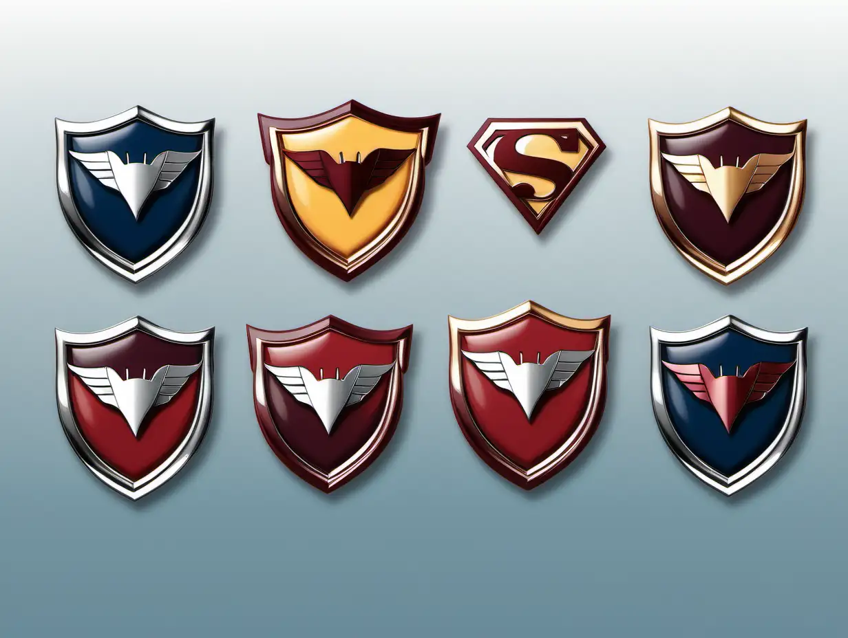 Create six unique sophisticates and clean badges for an immigration law firm, each inspired by original superheroes symbolizing core values: Committment, Accountability, Passion, Respect, Integrity, and impact. Design them to be chrome and hints of burgandy.