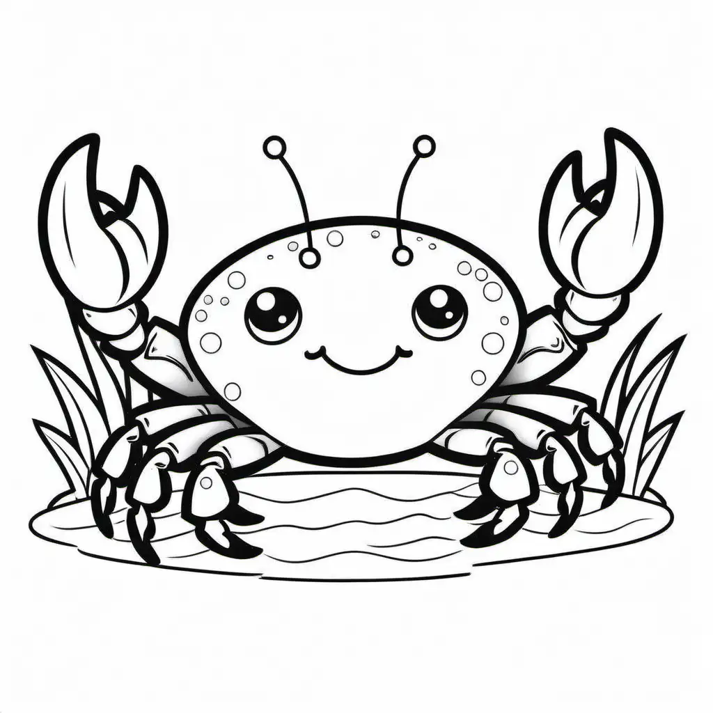 A cartoon illustration in black and white line art, of  a Crab. The style is cute Disney with soft lines and delicate shading. Coloring Page, black and white, line art, white background, Simplicity, Ample White Space. The background of the coloring page is plain white to make it easy for young children to color within the lines. The outlines of all the subjects are easy to distinguish, making it simple for kids to color without too much difficulty, Coloring Page, black and white, line art, white background, Simplicity, Ample White Space. The background of the coloring page is plain white to make it easy for young children to color within the lines. The outlines of all the subjects are easy to distinguish, making it simple for kids to color without too much difficulty