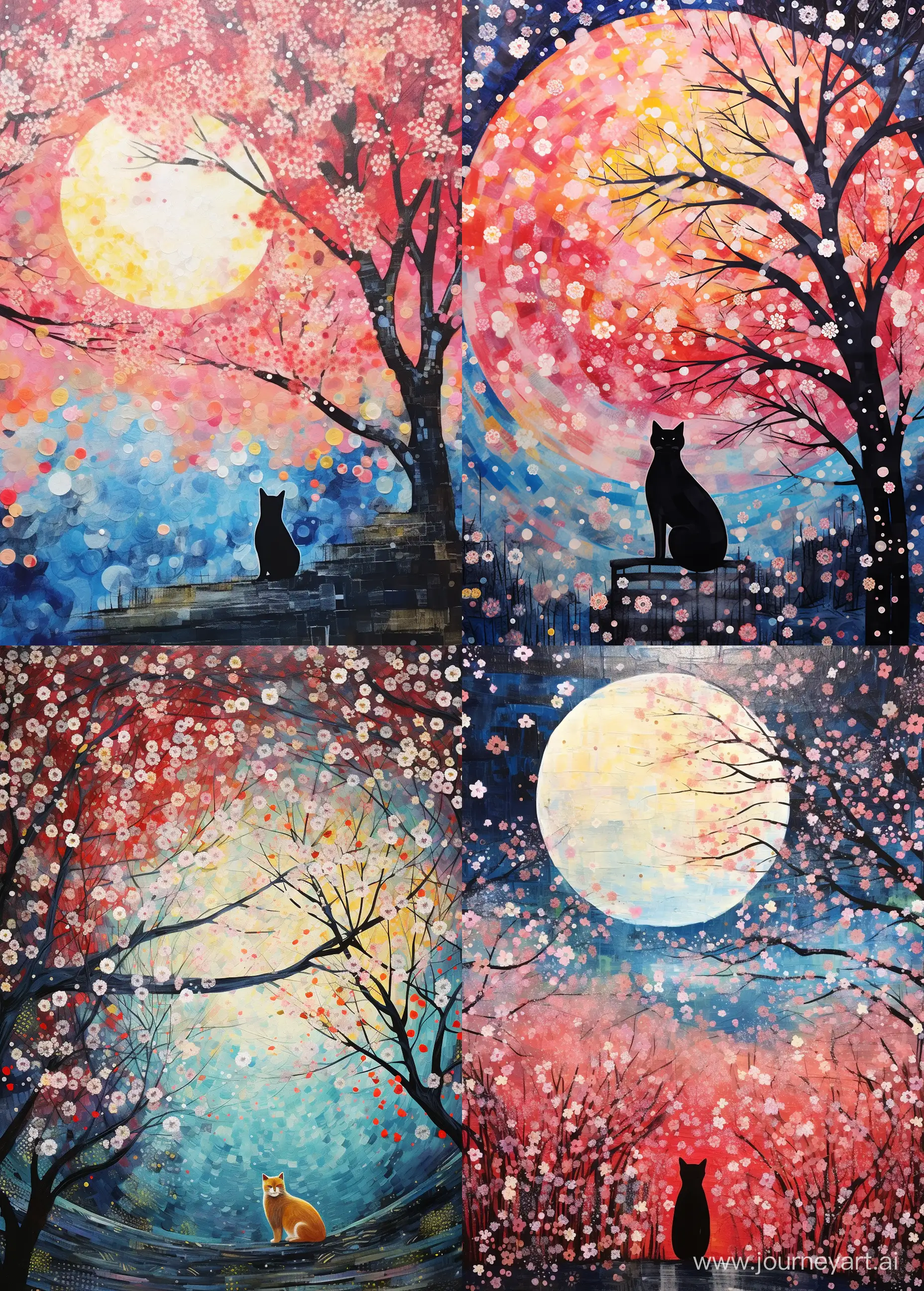 Whimsical-Eric-CarleInspired-Scene-Sleeping-Cat-under-a-Colorful-Galaxy-with-Cherry-Blossoms-and-Full-Moon