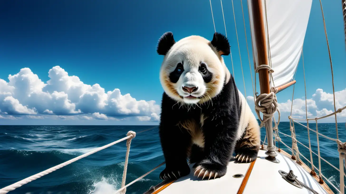 photo of a panda bear on a sailingboat in the ocean, beautiful blue ocean with waves , daytime, white and blue sky with clouds