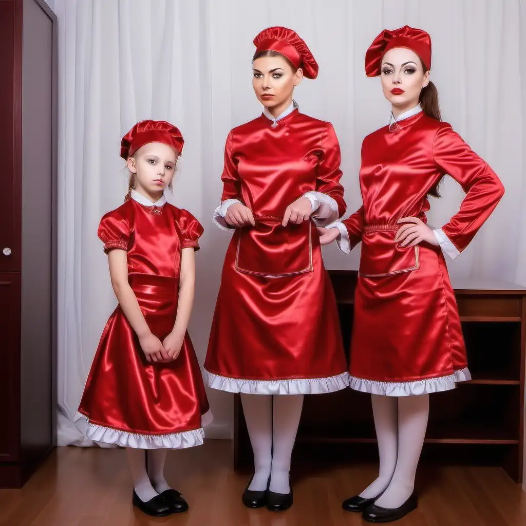 litle daughter domestic servants in red satin uniforms and their mistress