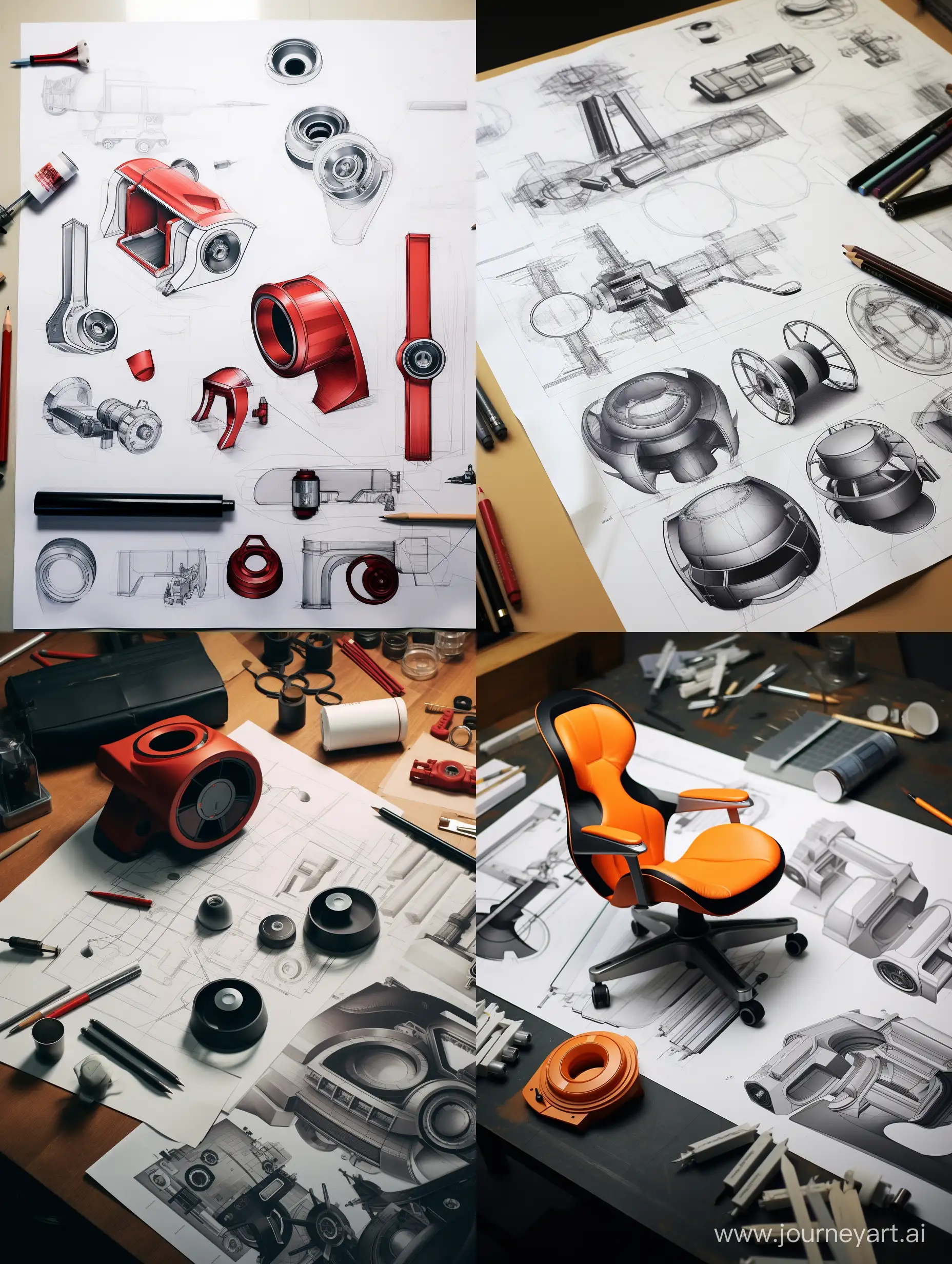 Design a poster with the theme of industrial design. Use product design sketches in the poster