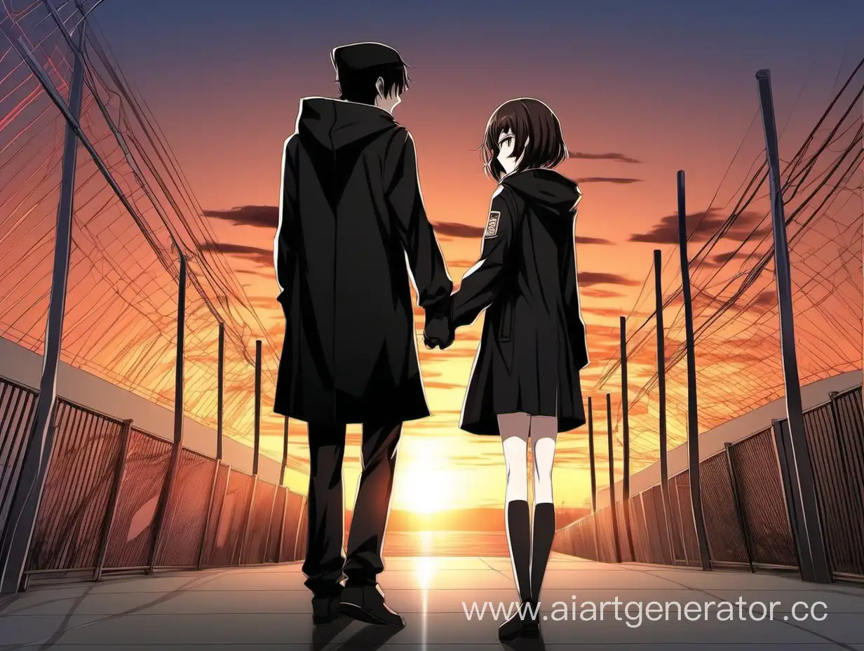Аниме Парень в капюшоне и в черном пальто, держится за руку с аниме девушкой в форме с фуражкой с короткой стрижкой каре оба брюнеты, на фоне заката 