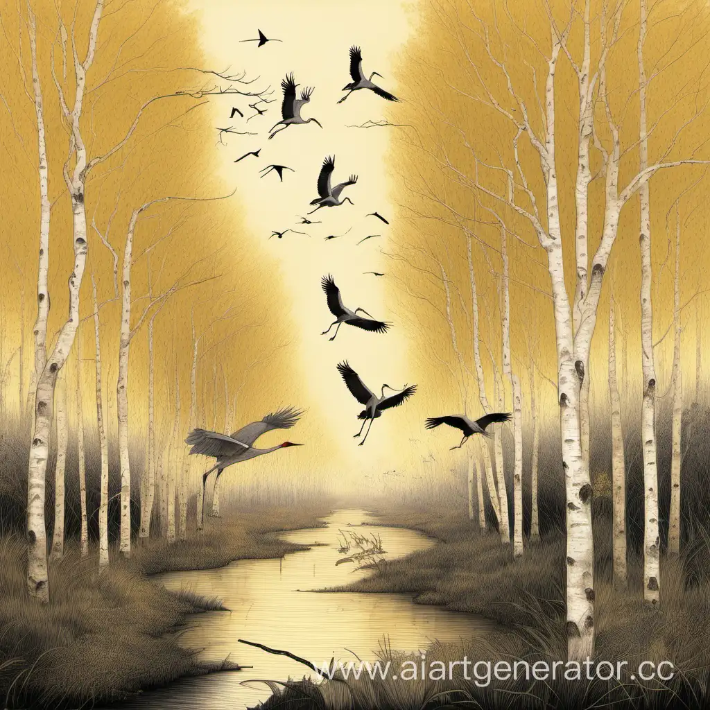 Tranquil-Birch-Trees-Amidst-Graceful-Flying-Cranes