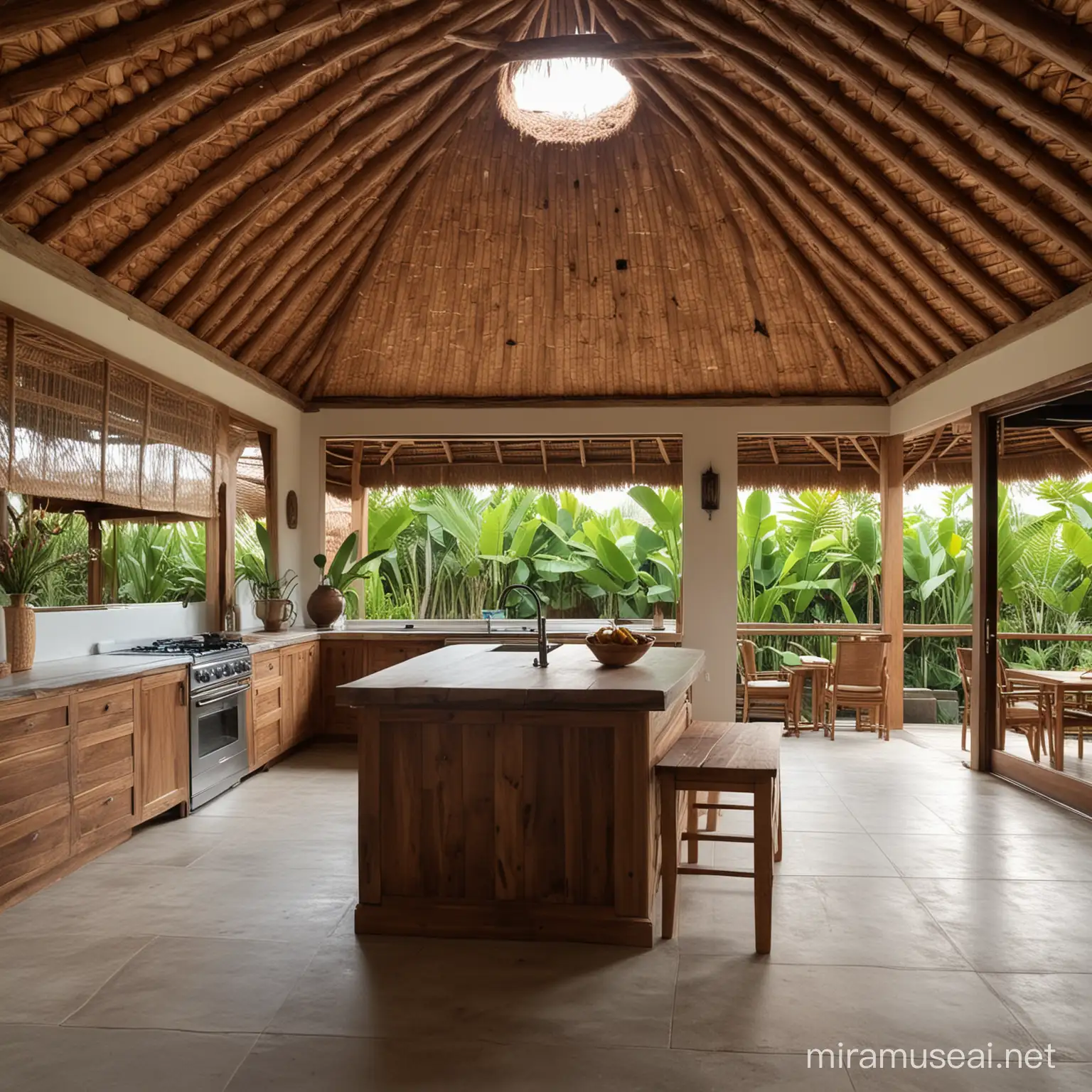 Bali style empty kitchen, wood roof, decor.
