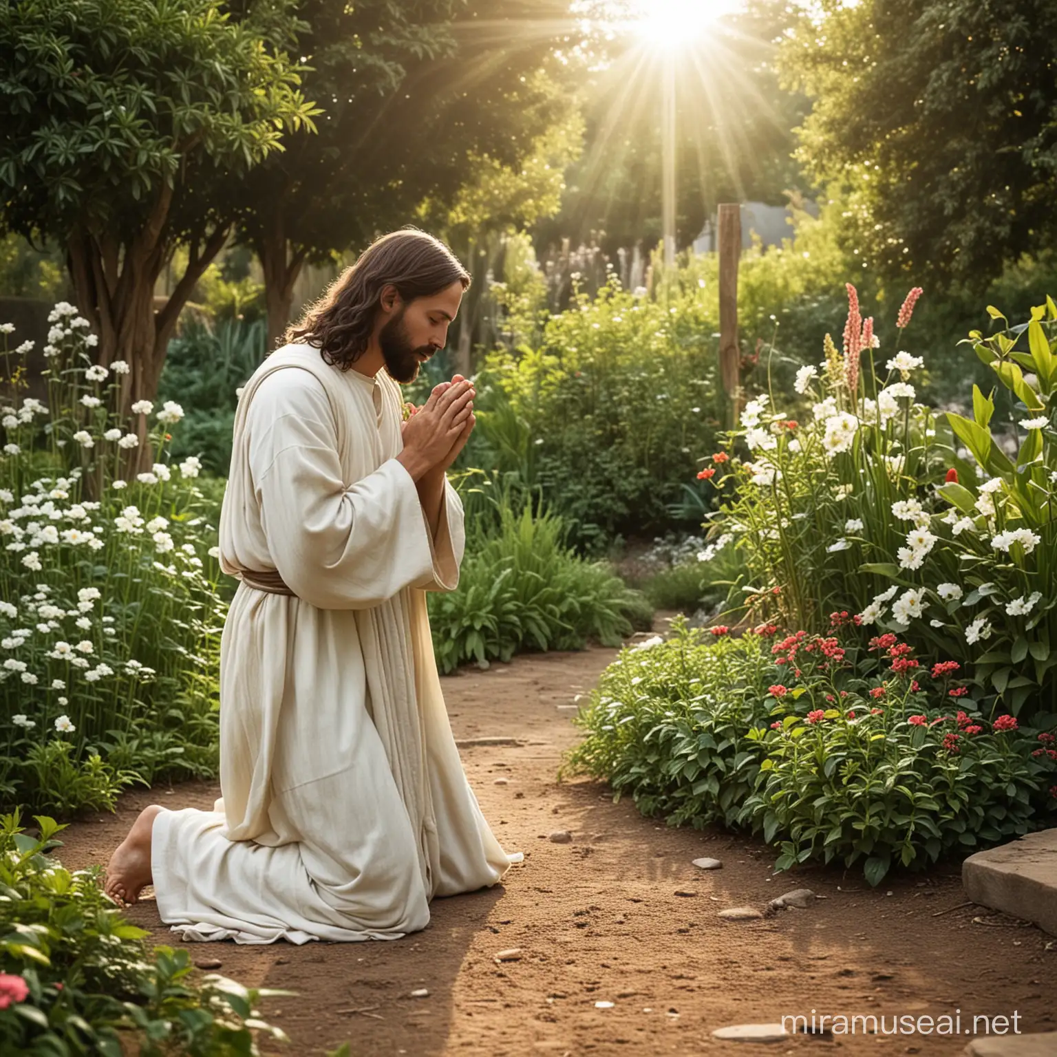 Jesus Praying in Serene Garden Setting