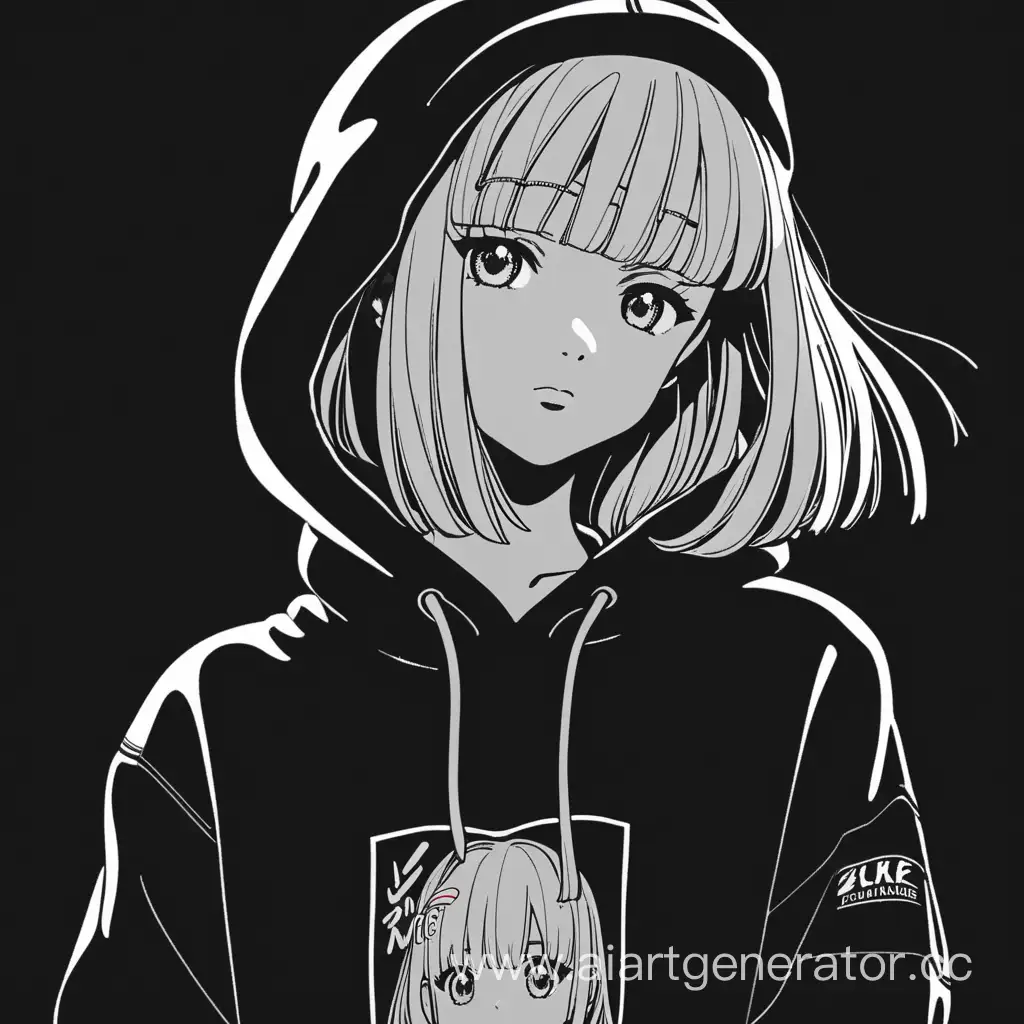 Anime-Girl-in-Oversized-Hoodie-Stylish-Black-and-White-Portrait-with-Gilmore-Inscription