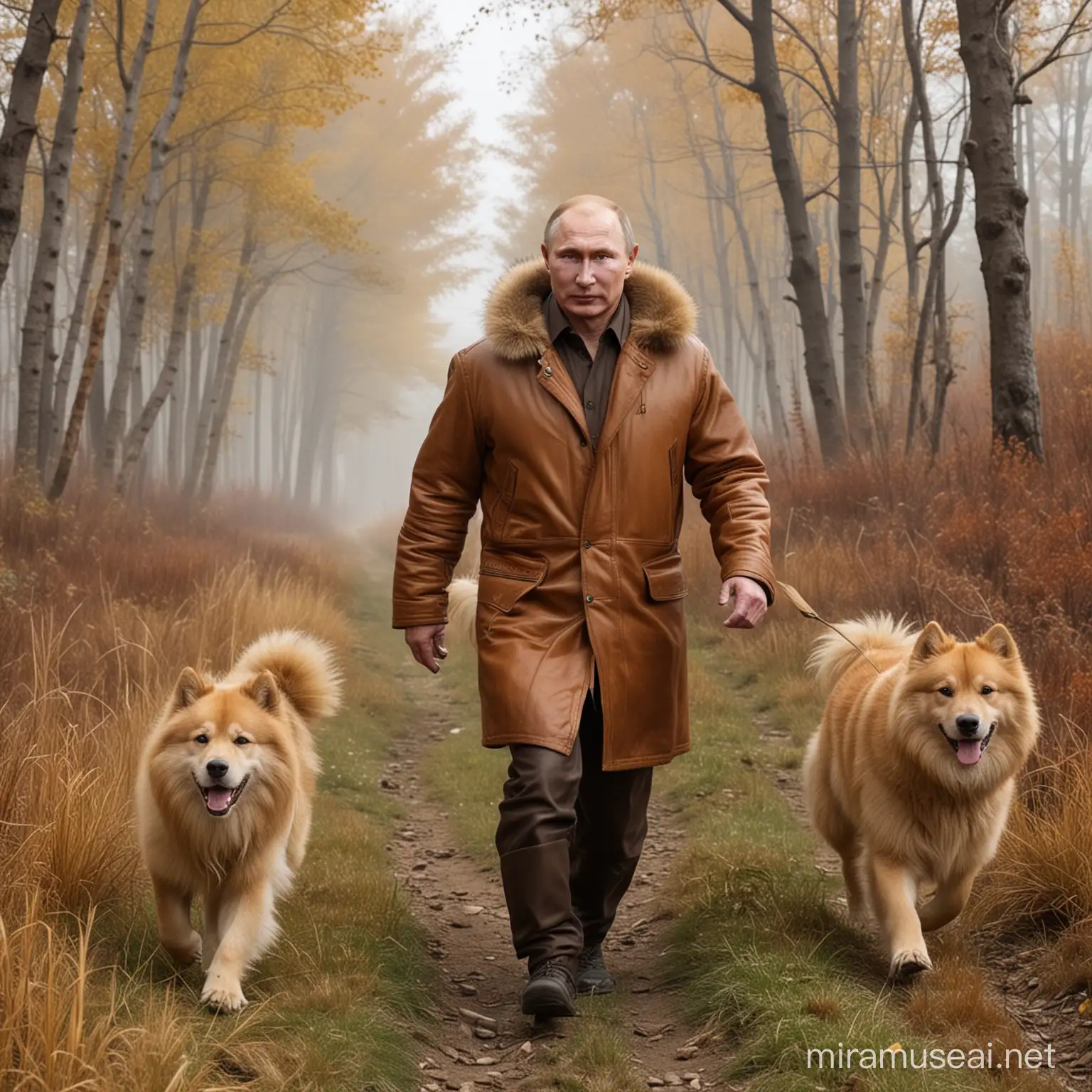 wideview, ultra detailed,65 years old real face putin fast running , wear brown lether coat,behind  him a strong tibet long golden fur dog ,show  of sharp teeth to chase him, dense grass forest, autumn, mist around,
