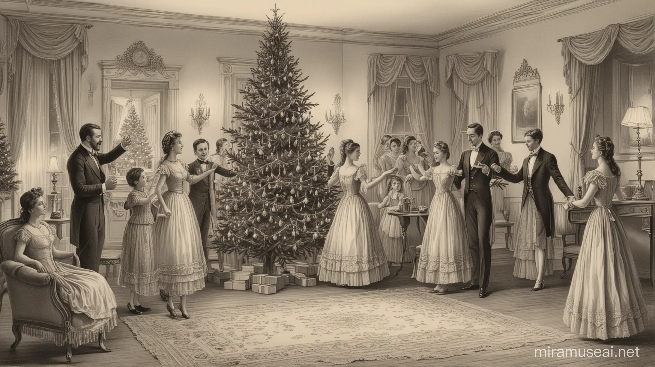 
A Victorian engraving shows children and adults dancing around the Christmas tree in their living room. The people are wearing long dresses or suits with shoes. The christmas tree is decorated with lights and garlands, as it is winter outside. It has been drawn by hand using straight lines art only with very good detail in the style of the artist. Black ink on white paper, the background color is cream.