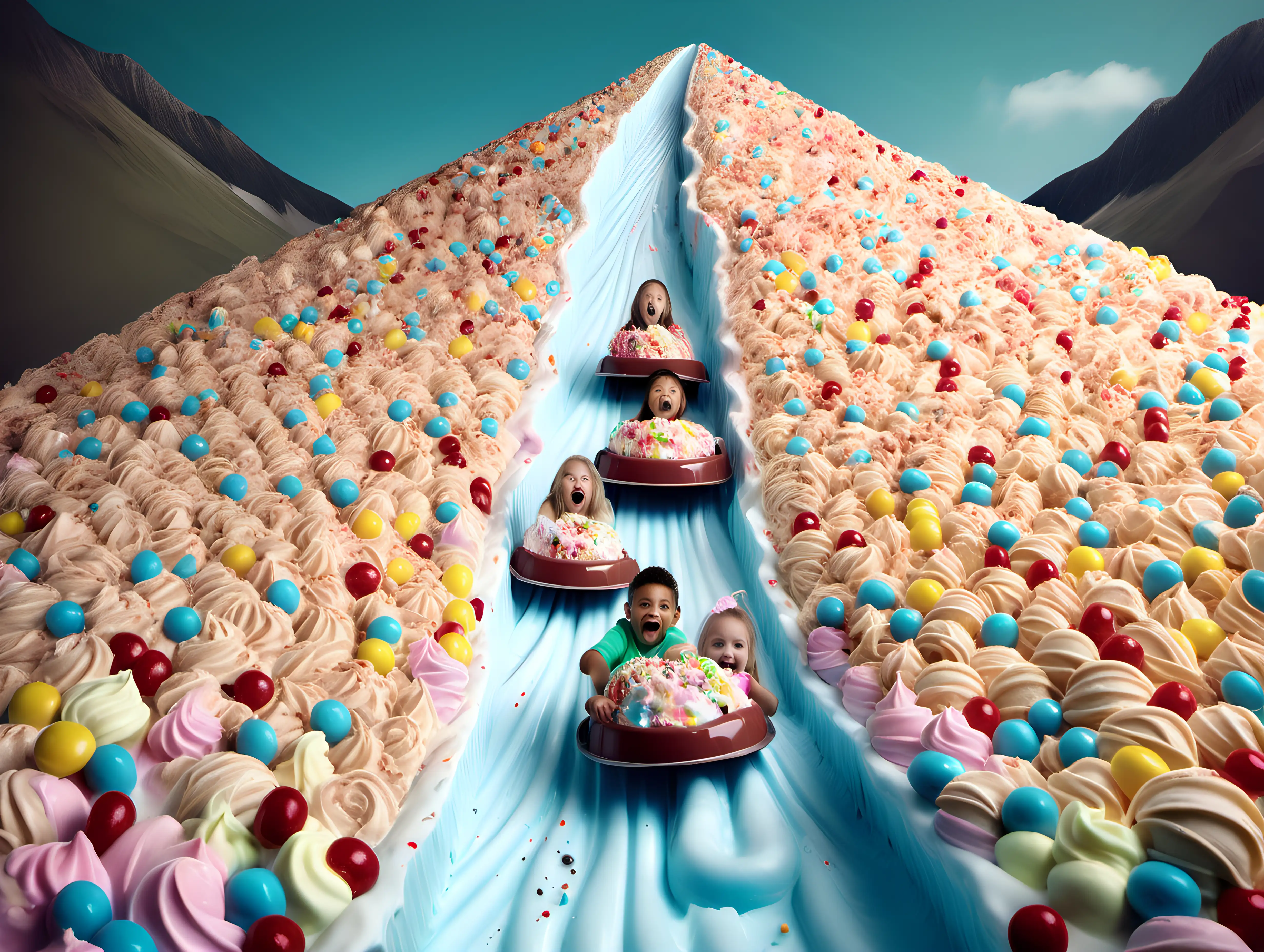 Children Sliding Down a Delicious Ice Cream Candy Mountain