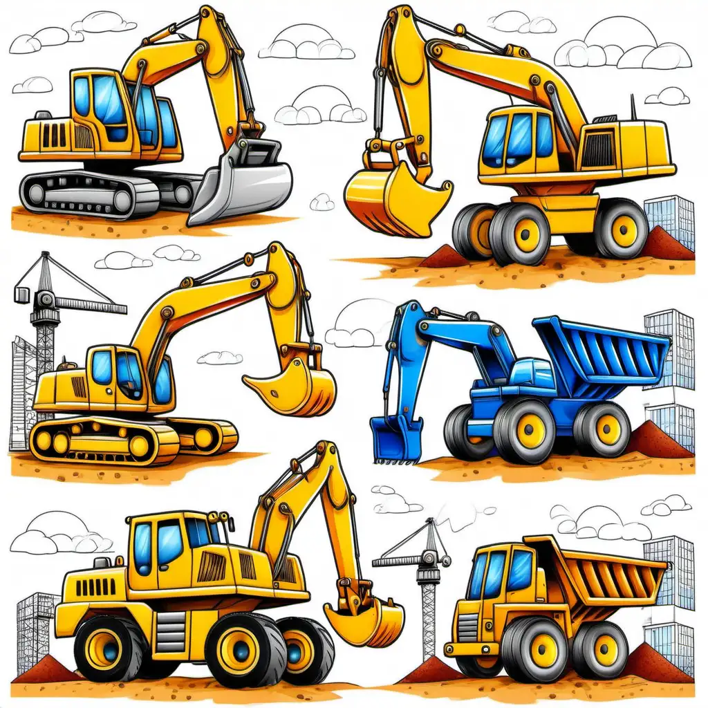 Colorful Construction Machines on a Vibrant Construction Site Background for Childrens Coloring Book