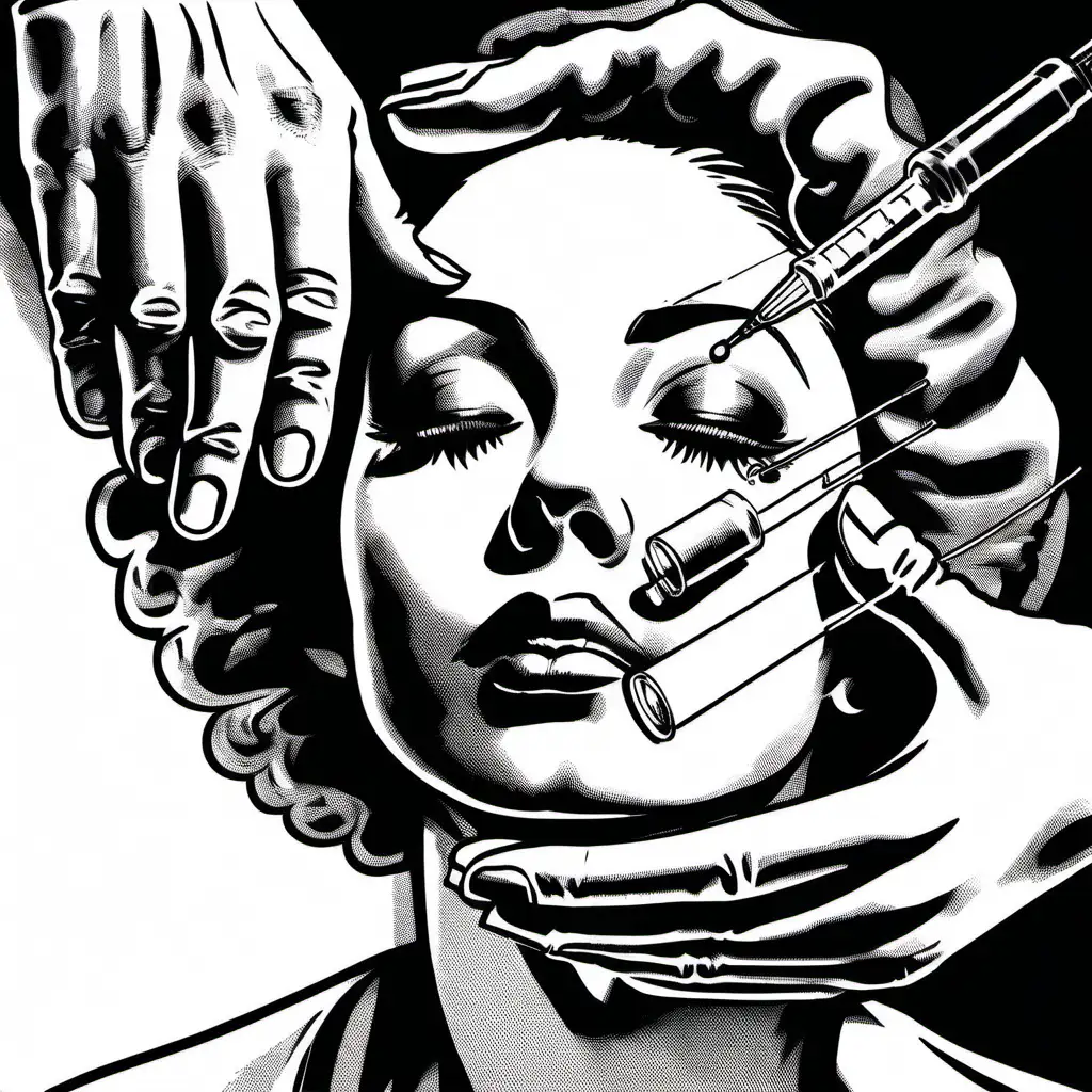 Vintage Black and White Illustration Doctor Performing Plastic Surgery with Syringe CloseUp