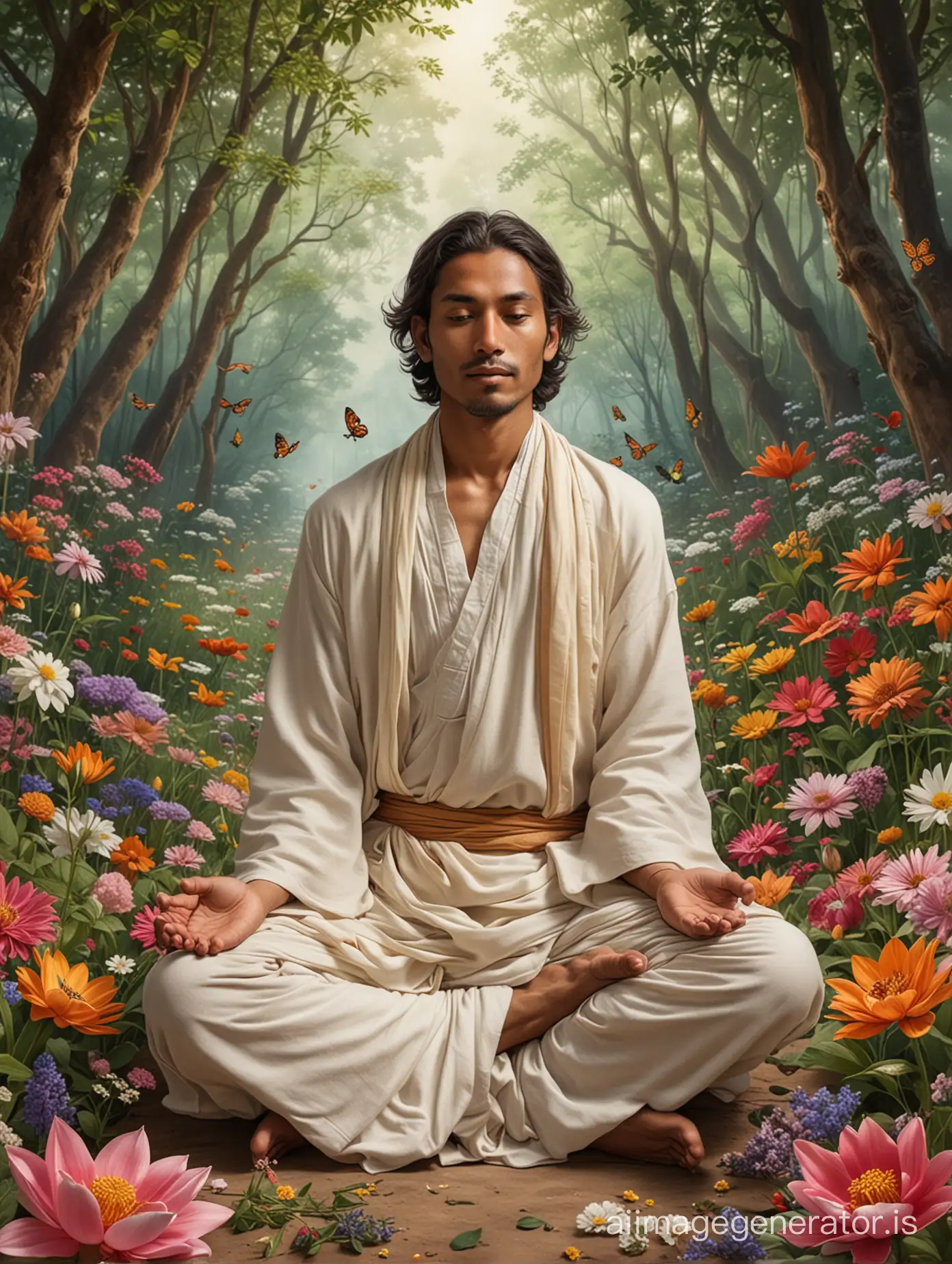 Visualize Asita sitting cross-legged in meditation, surrounded by flowers and wildlife, conveying his connection with nature and his spiritual practices