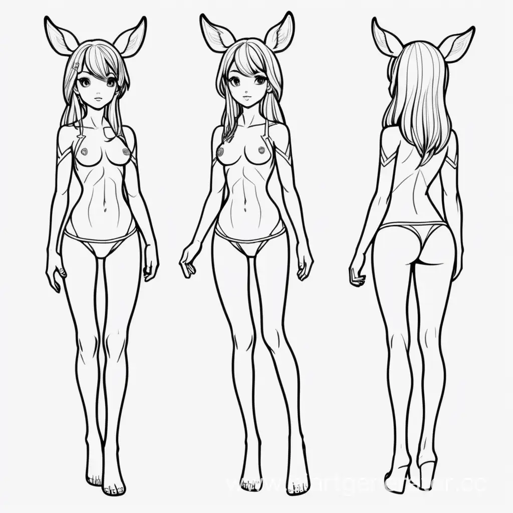 Adopt the character Fawn girl in standing full-length half-turn drawing with outline undressed without painting without background
