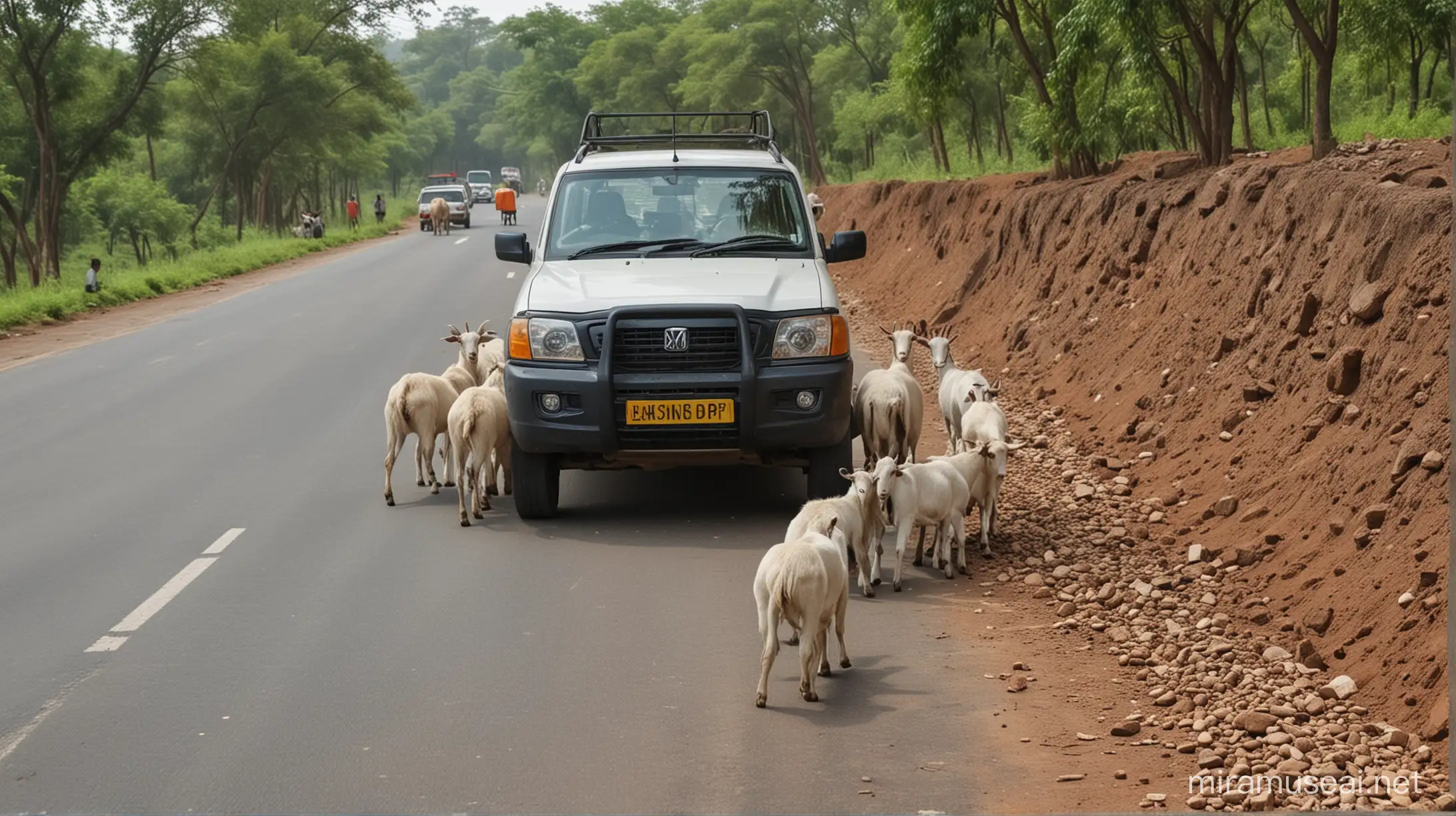 goats are in Mahindra Scorpio car, indian road, shot from behind