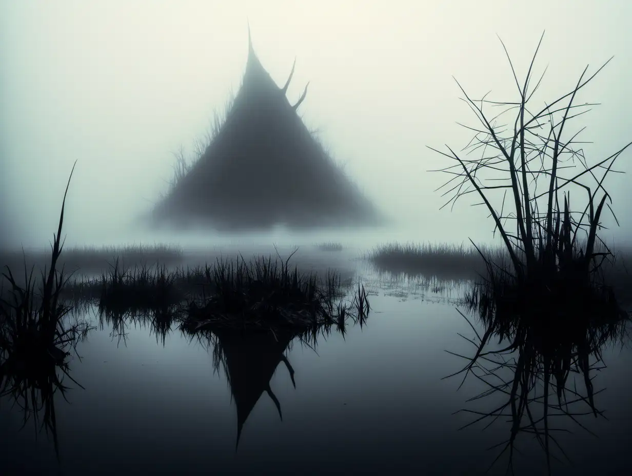 A fog in a swamp. In the distance, the silhouette of a sinister pointed hill emerges from the fog.