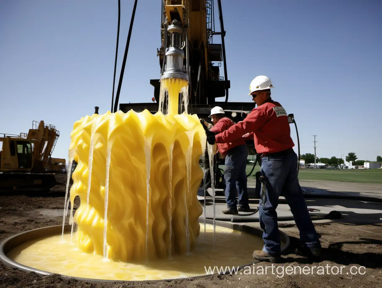 An emergency drilling crew removes an open yellow beer fountain at the field near the drilling rig