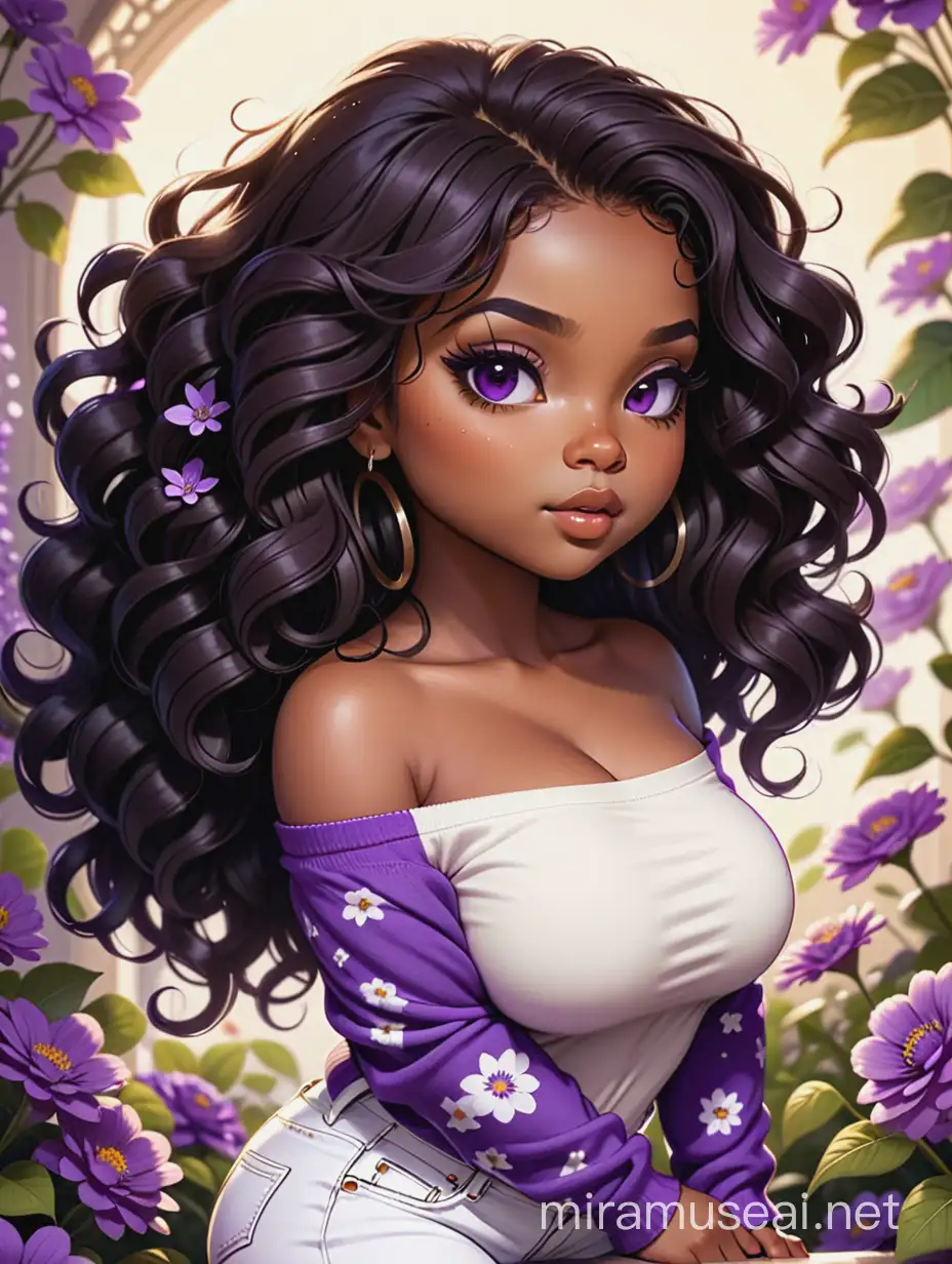 Create an comic book art style image of a chibi thick curvy black female wearing tight white jeans and purple off the shoulder sweater.. Prominent make up with brown eyes. Highly detailed wild long curly black hair flowing in her face. Background of purple and black flowers all around.