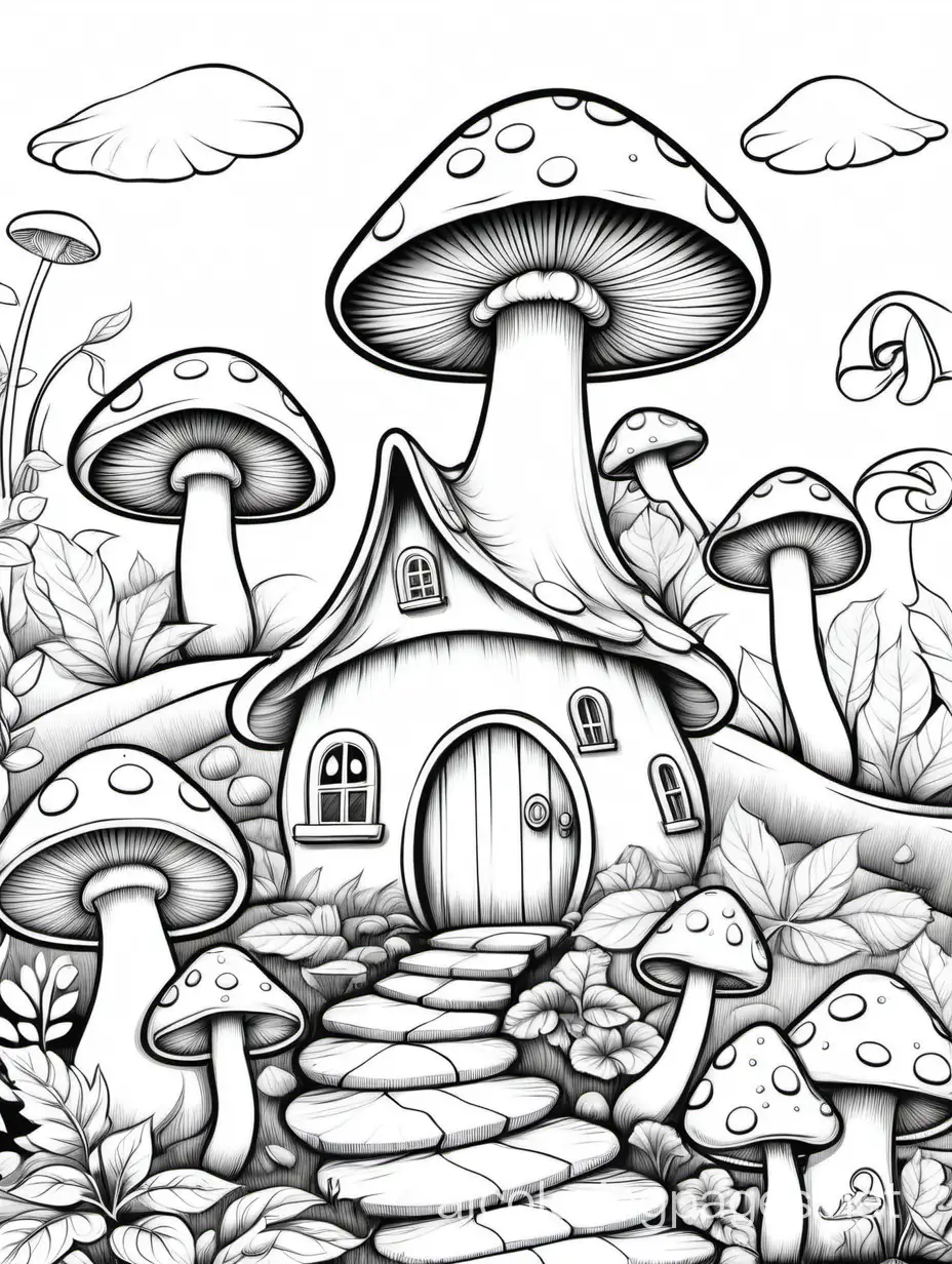 mushroom house village
 detail


, Coloring Page, black and white, line art, white background, Simplicity, Ample White Space. The background of the coloring page is plain white to make it easy for young children to color within the lines. The outlines of all the subjects are easy to distinguish, making it simple for kids to color without too much difficulty