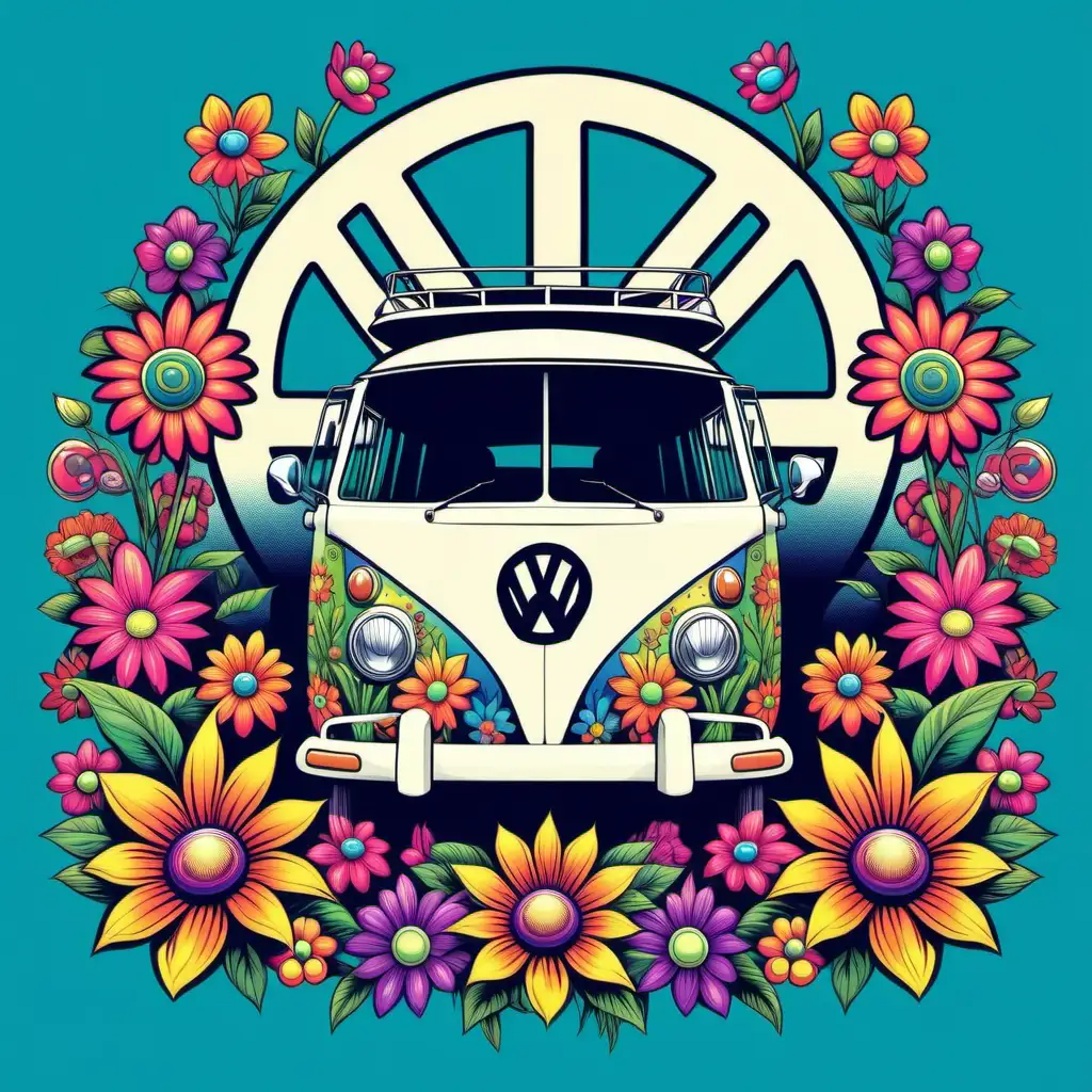 psychedelic retro-style featuring iconic  full view VW bus,  illustration, peace sign, flowers , tshirt design vector, white background v
5.1 raw style