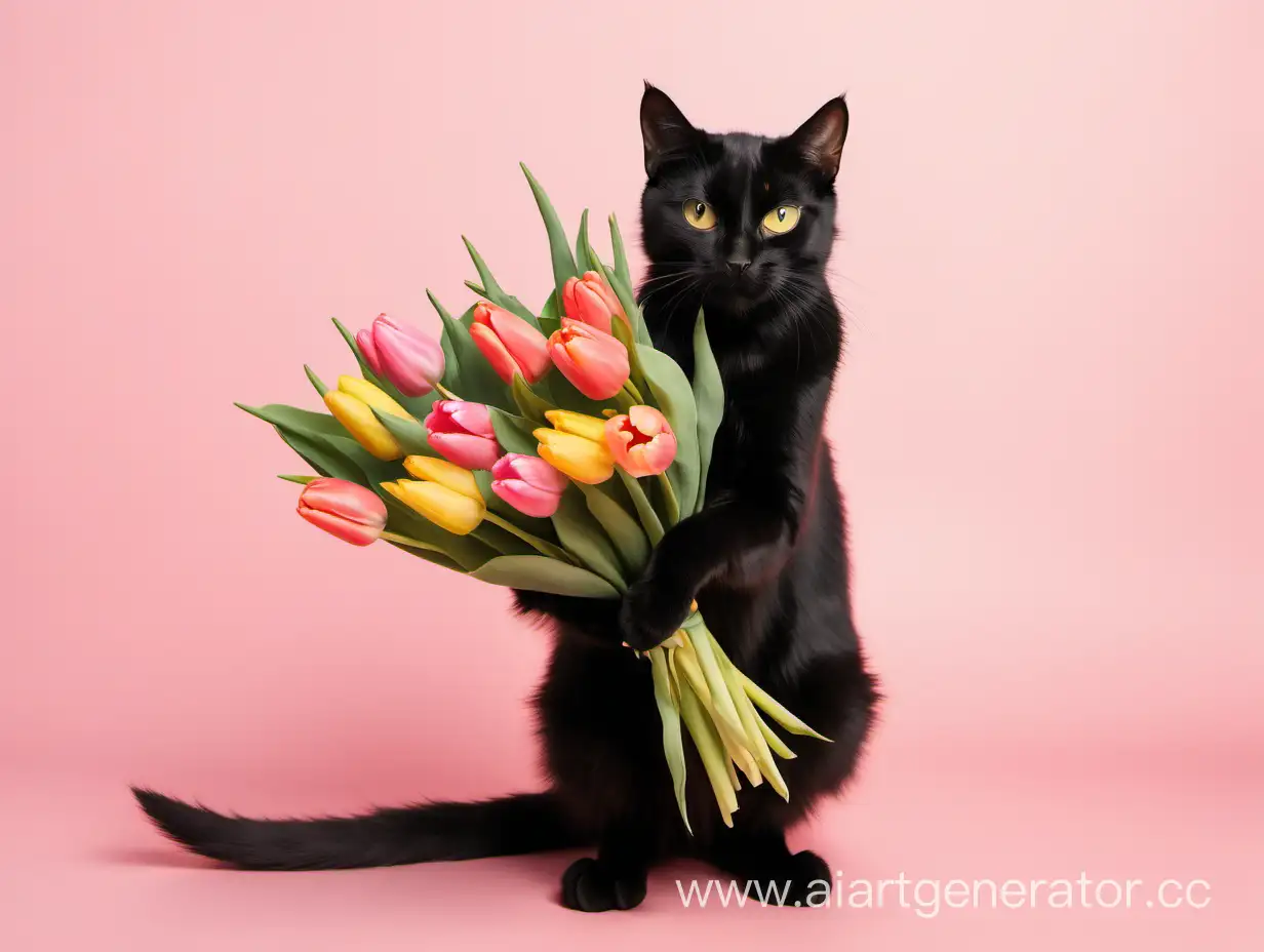 Adorable-Black-Cat-Holding-Bouquet-of-Tulips