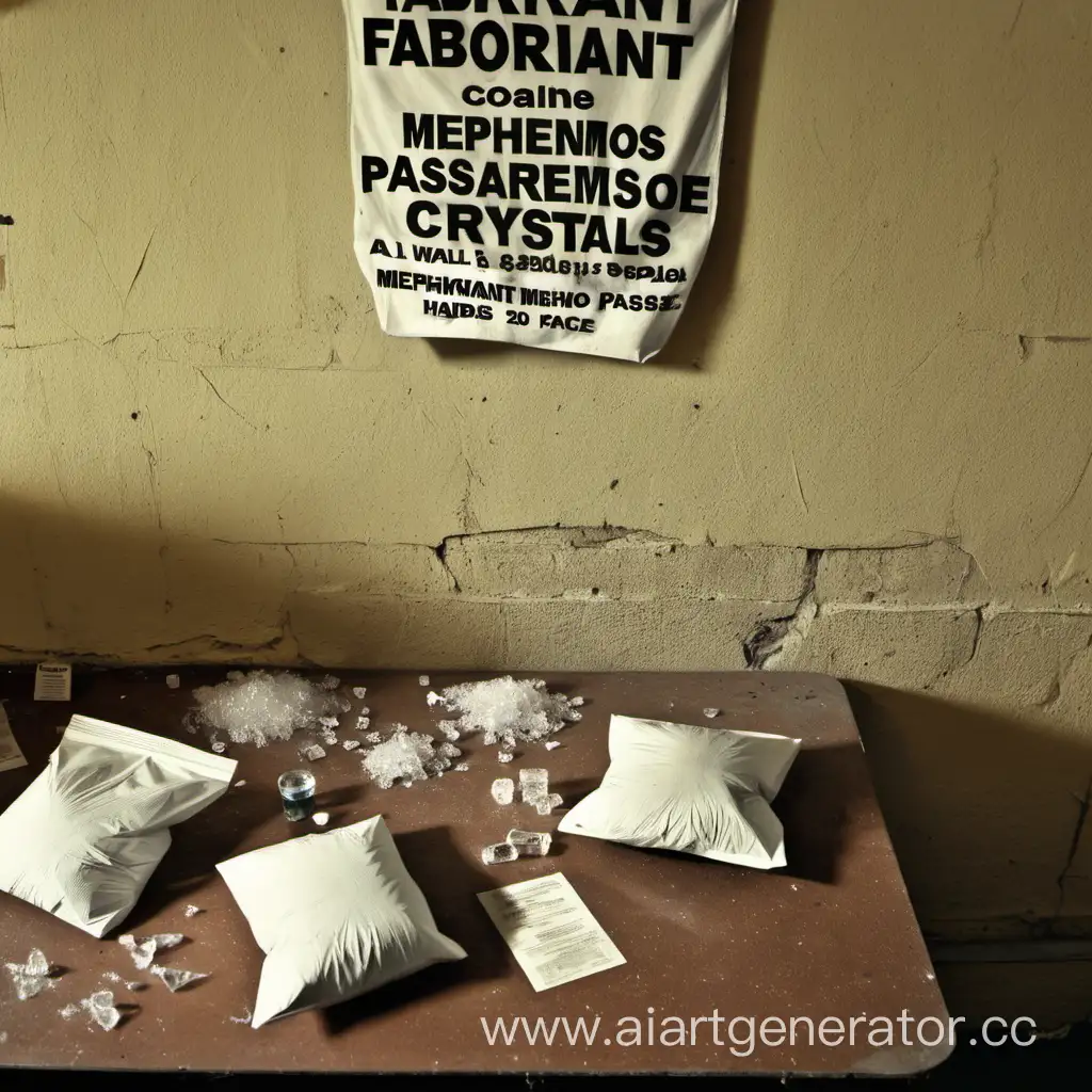 a close-up of an old dirty table, bags of cocaine and mephedrone crystals are on the table, a wall in the background, a sign "FabrikaNt mephedrone PASAREMOS" hangs on the wall, The angle is taken slightly from above, all the space in the frame is occupied by the listed objects