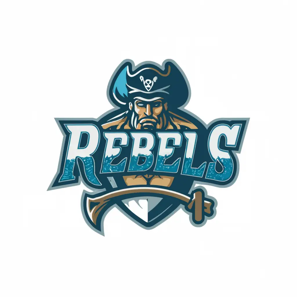 a logo design, with the text 'Rebels', main symbol: a logo design, with the main symbol a blue letter R with a pirate hat on top, Moderate, to be used in Sports Fitness industry, clear background