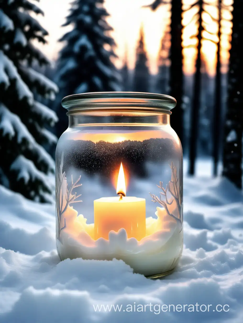 свеча в банке в сугробе на фоне зимнего елового леса