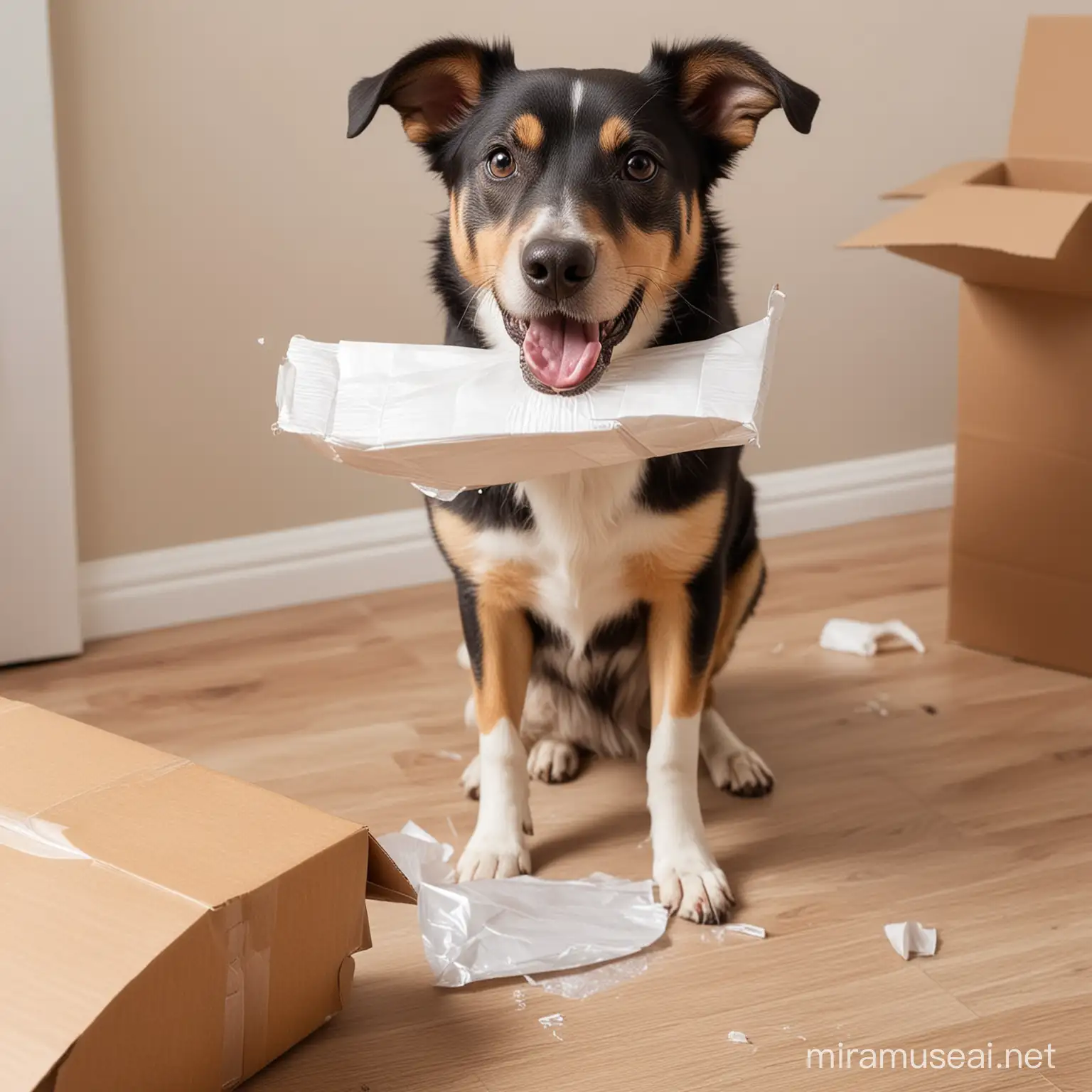 Excited Dog Unwrapping a Parcel with Joyful Anticipation