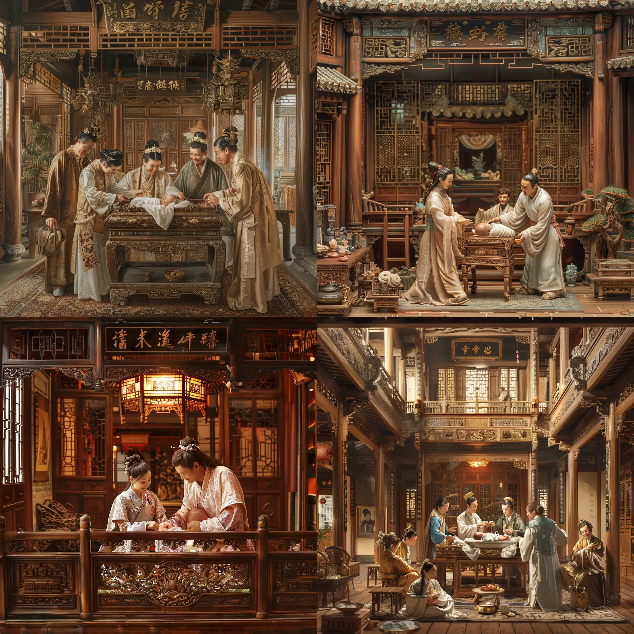 A warm and joyful depiction of a traditional Chinese family from the Tang Dynasty in Guangdong's Shunde district, celebrating the birth of a newborn baby in their ancestral home. The interior setting showcases classical Chinese aesthetics, with intricate wooden architecture and ornate decorations typical of the era. The scene radiates happiness and grandiosity, capturing the harmonious spirit of the family occasion.