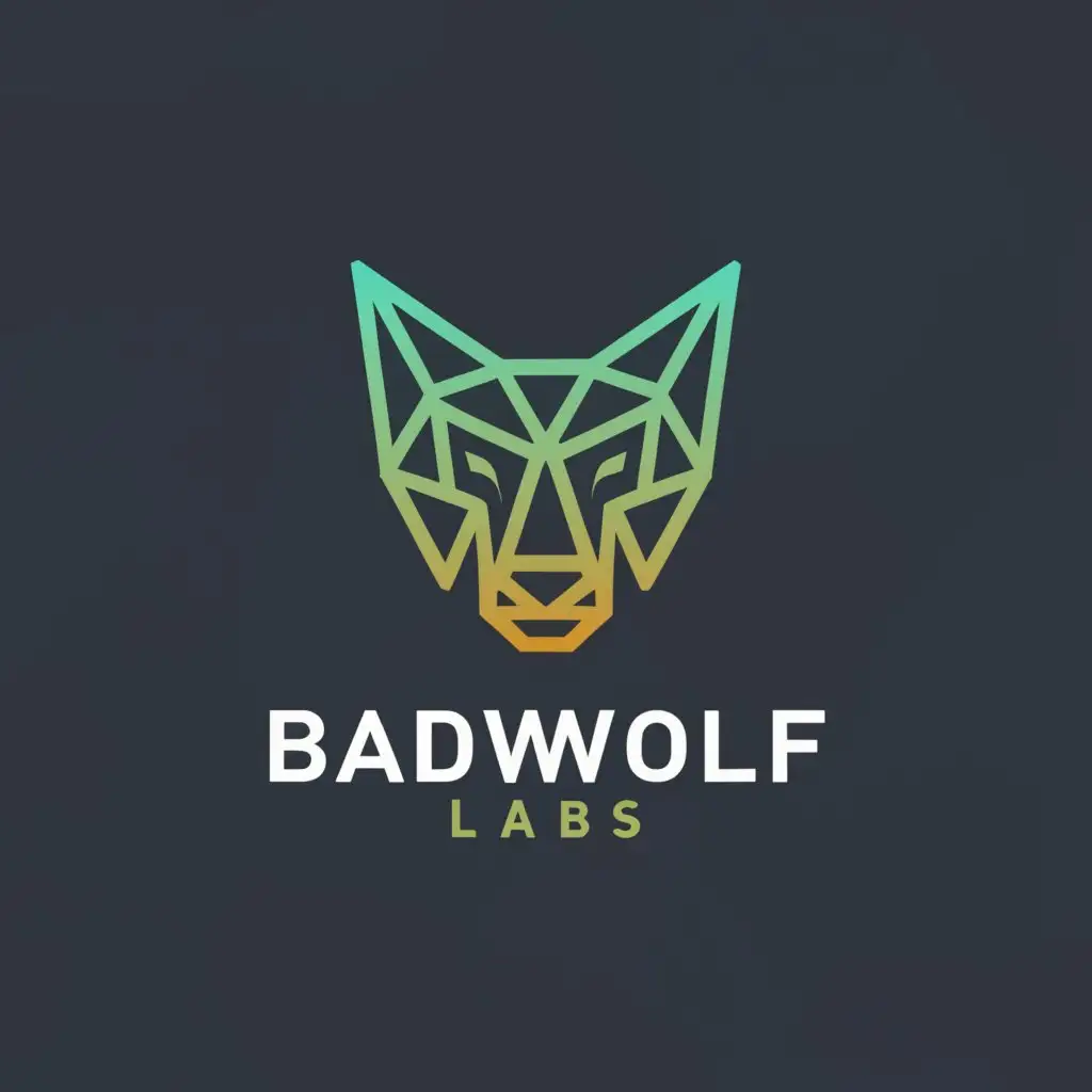 a logo design, with the text 'BadWolfLabs', main symbol:Wolf, Minimalistic, to be used in Technology industry, clear background, The word 'Labs' in yellow, defined jaw, hard edges, wider neck line, diamond shaped bust, sharp lines and angles, enclosed jawline, rhombus shaped eyes, fix the "W" in 'badwolf labs'
