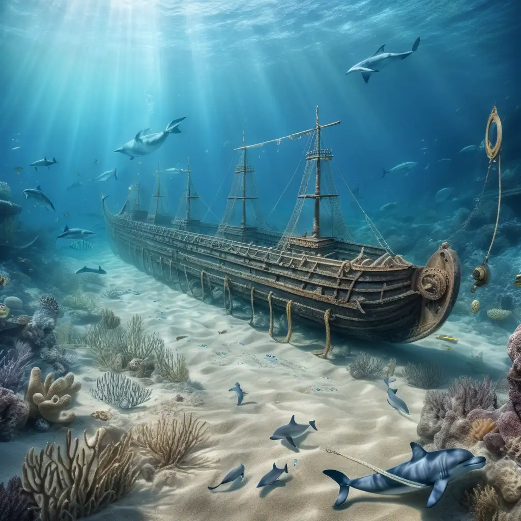 At the bottom of the ocean lies a long-sunk ancient Roman galley, half-buried with sand.  In the distance, we see the dolfins