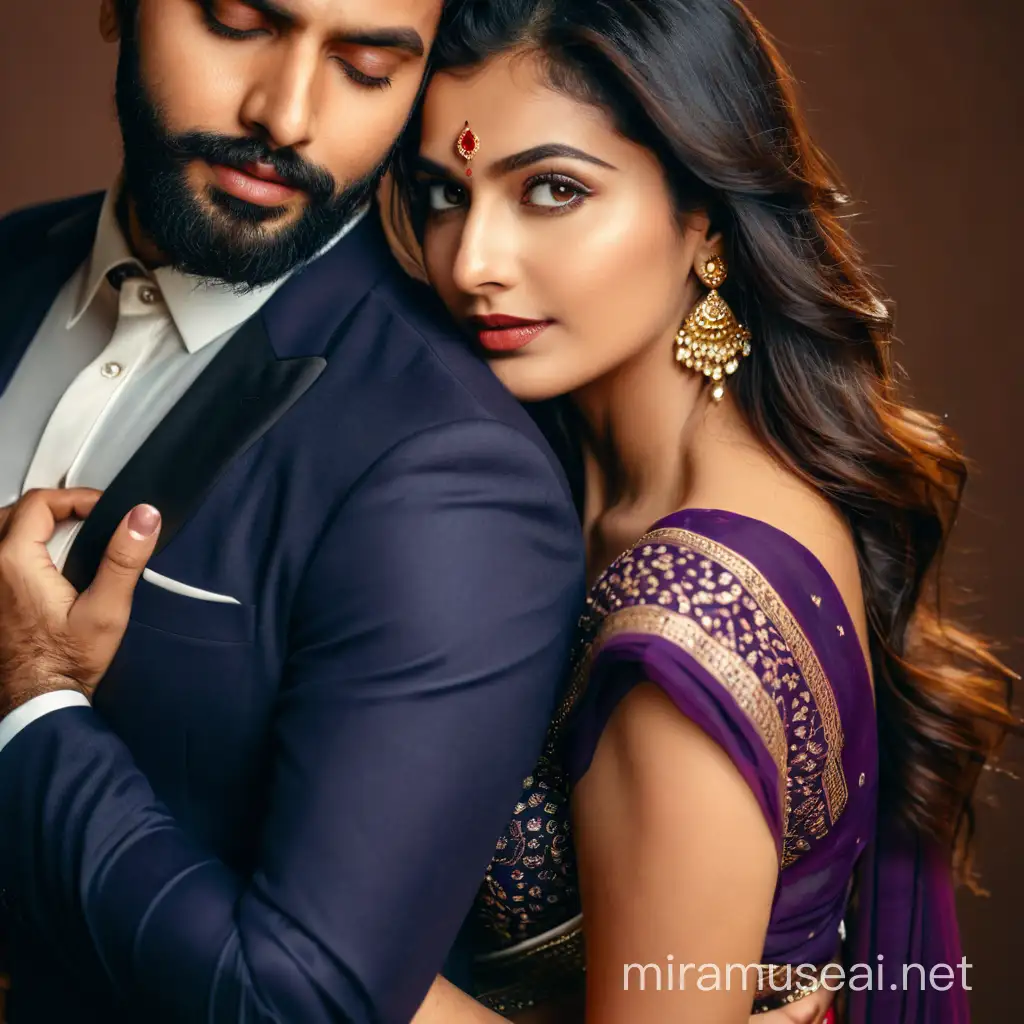 full photo os most beautiful european couple as most beautiful indian couple, most beautiful girl in saree, full makeup, holding man from back side, . hands around man neck from back of man, with emotional attachment and ecstasy, man with stylish beard and in formals and tie, photo realistic, 4k.