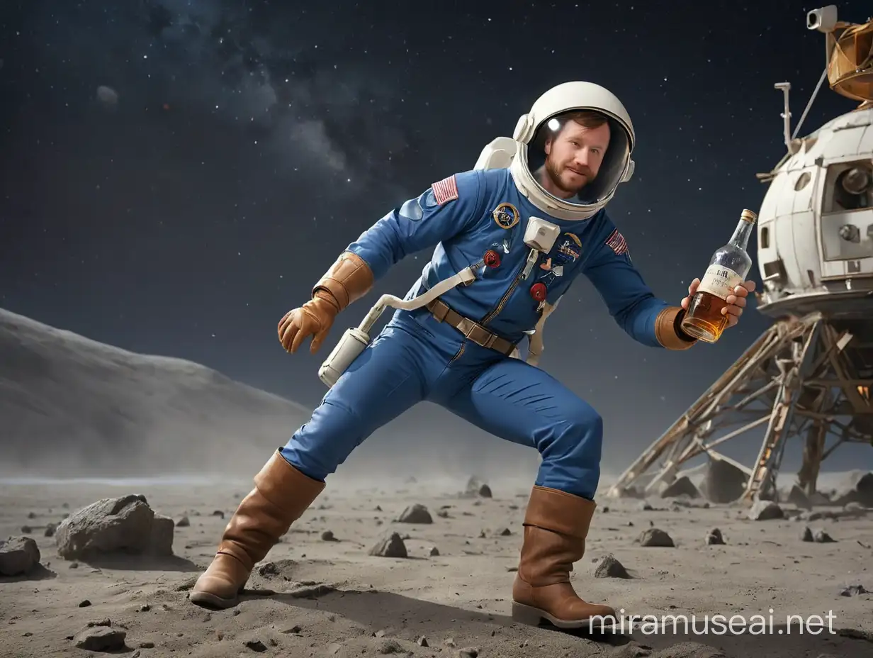 Recreate the Neil Armstrong on the moon photograph, but use an attorney in a blue suit, red tie, cowboy boots, brown hair, beard. He is wearing a space helmet, with a cowboy hat on top of the space helmet. He is holding a glass if whiskey, but the whiskey is floating out off the glass because there is no gravity. 
