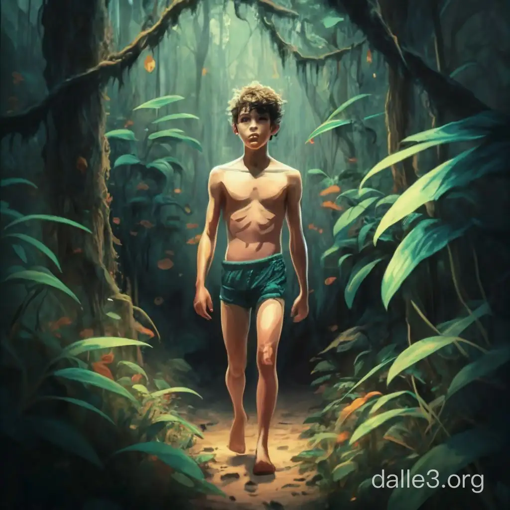 A teen boy in a Speedo walking through a deal forest in digital art style