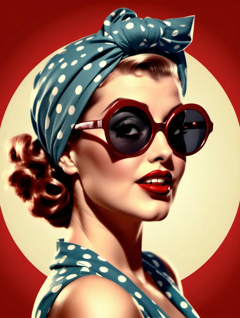 Woman with flare and a confident look, in a sassy pose, red glossy lips, big dark sunglasses and a head scarf Hollywood style. Hollywood Pinup style of the 1940's. vintage. circle behind the womans head. illustration