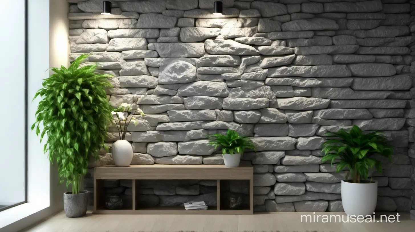 Serene Indoor Garden Nook with Stone Wall and Greenery