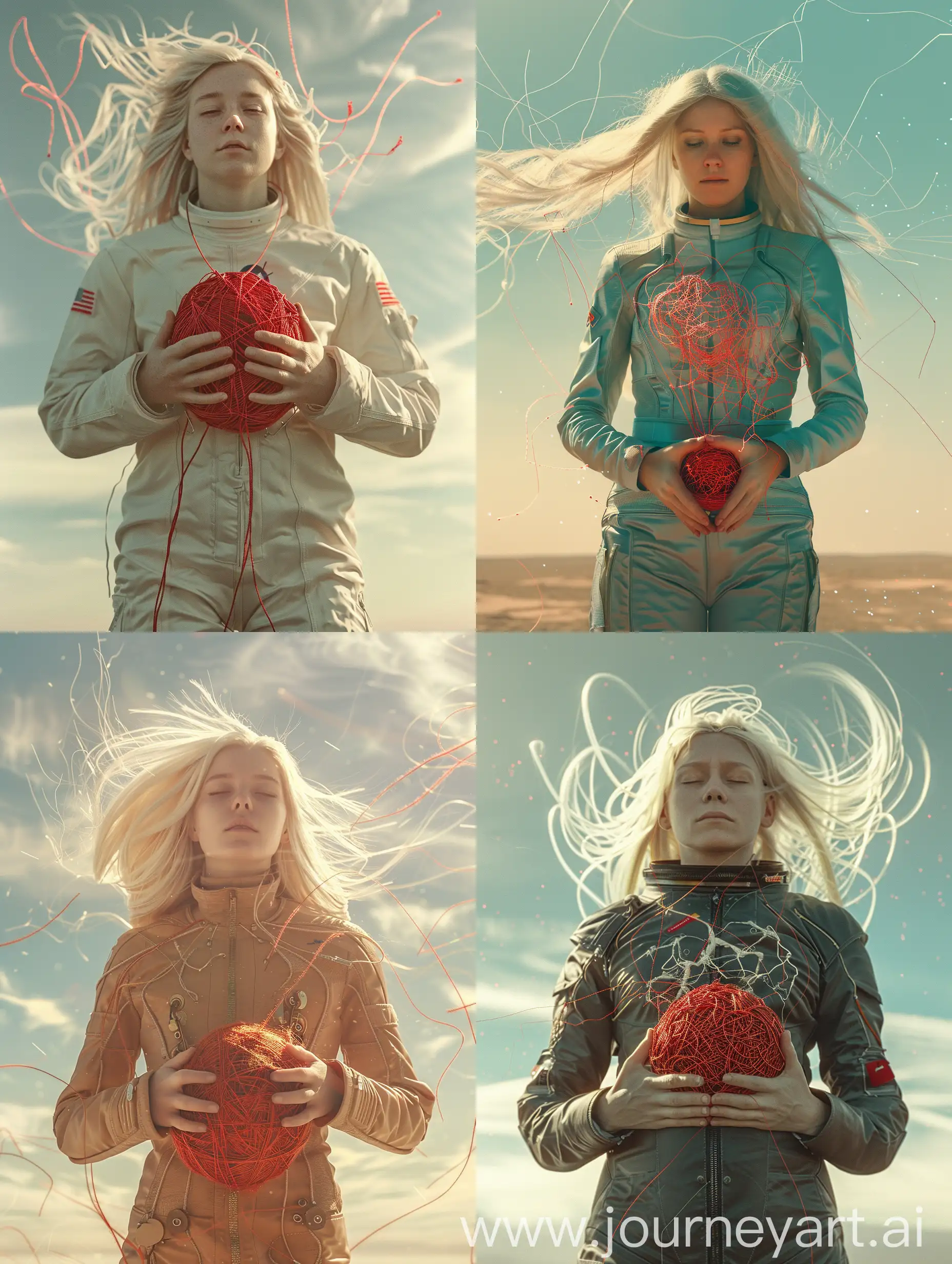 Blonde-Girl-in-Space-Suit-Embracing-Red-Threads-with-Sky-Background