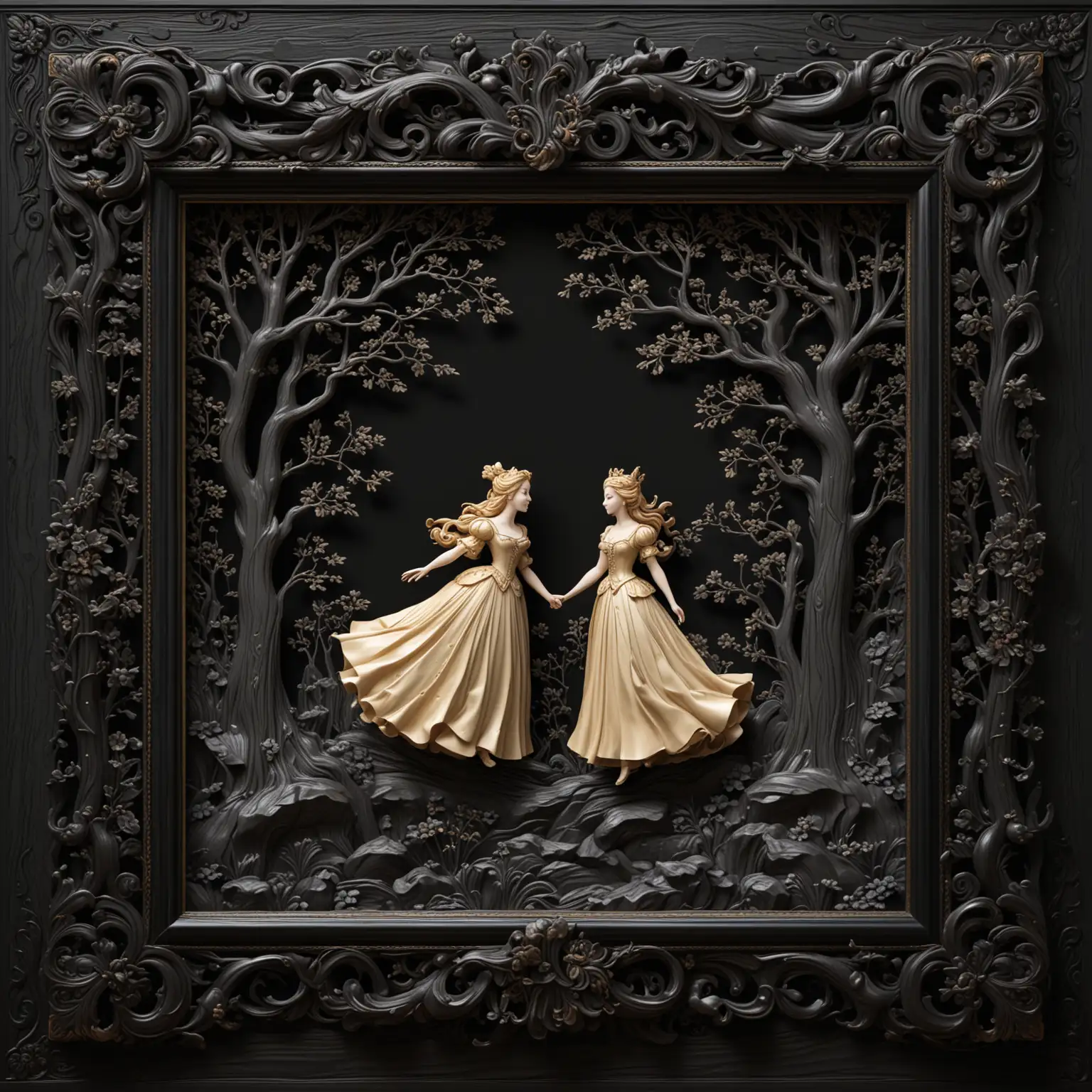 3D SEAMLESS AND TILEABLE BLACK LACQUERED WOOD WITH A FINELY CARVED BLACK LACQUER FRAME SURROUND FEATURING   A FINELY  CARVED WOODEN SCENE FROM THE TWELVE DANCING PRINCESSES







