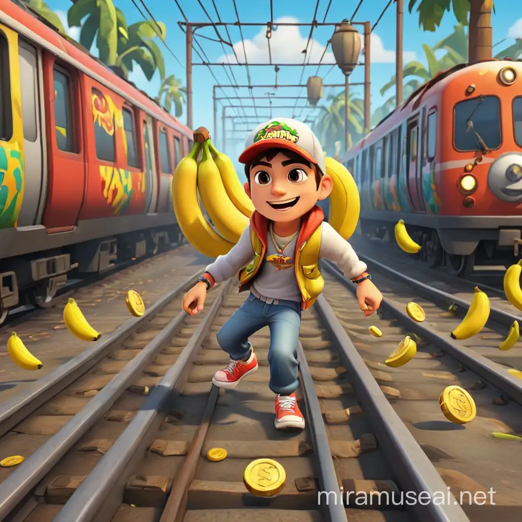 Subway surfers character standing beside a train, Bananas as coins of game, Running character, floating bananas in line