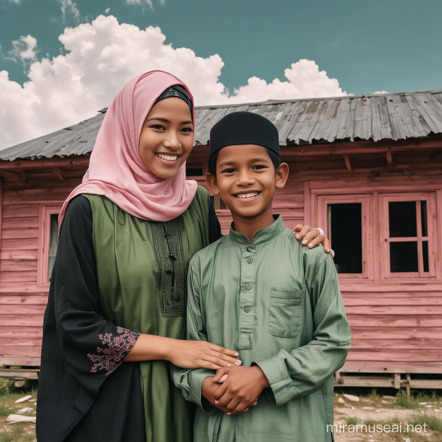 photo of Indonesian family: father, 28 years old, smiling, slightly thin body, wearing a black Muslim cap, wearing black traditional Malay clothes, mother wearing a green hijap, wearing Muslim clothes, son, eleven years old, wearing Muslim clothing, daughter, 7 years old. black colored hijab, cumulus clouds background, old abandoned pink cabin, photography, realistic hd, 8k