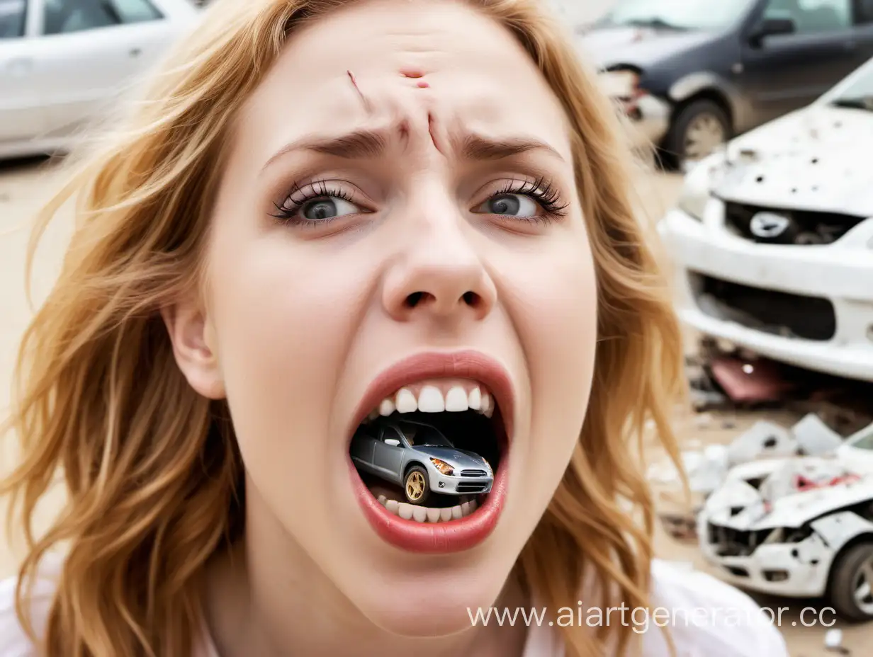 a photo of a pretty goldhaired  woman's open mouth, focus on the close-up mouth , a few small tiny wrecked cars are lying inside her mouth, a simple white background