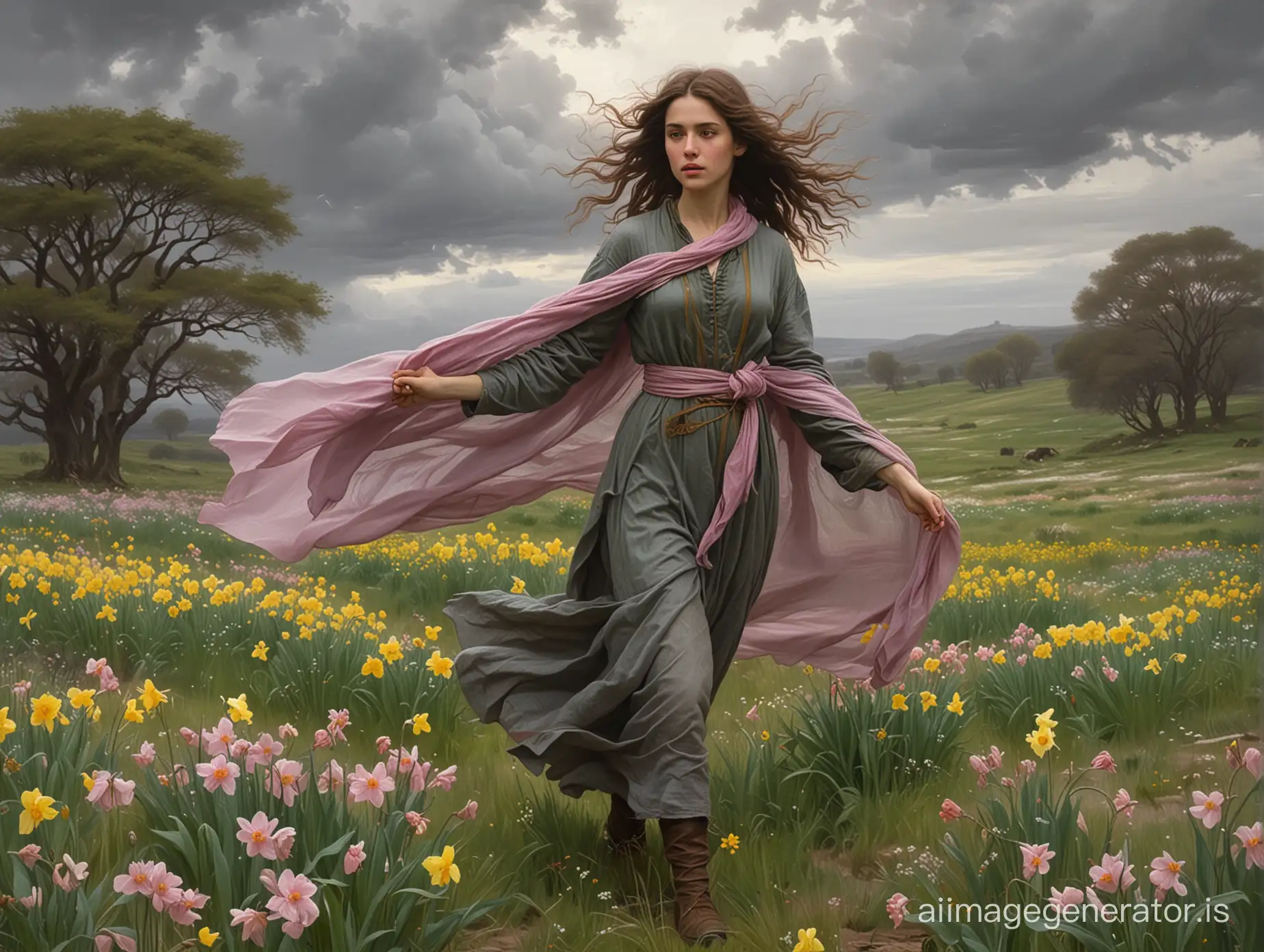 Painting of the Pre-Raphaelites, a young brunette girl walks through a field, rare pink flowers and daffodils, a strong gust of wind nearly blew off the woman's head a wide semi-transparent gray scarf, the woman holds it with her hand, diagonal angle, the wind blows her gray cloak, she raised her hand to her head to hold it, background-rare green trees, gloomy, before the storm, painting by the artist John William Waterhouse, North Wind