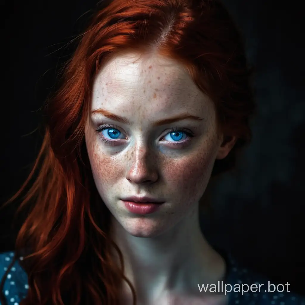 wallpaper, dark Background, north european women with pale skin, freckles, Red Hair, blue eyes