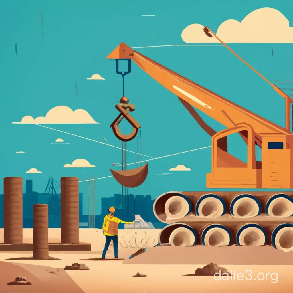 A simplified, cartoon-style illustration of a construction site disaster. The scene involves a mobile crane used as a pile driver, which is in the process of driving steel pipe piles into the ground for road construction. The pile driver’s hoisting wire rope has been severed, causing the hoisting hook and weights to fall. The steel pipe piles are temporarily placed near the intended piling position. The operator of the pile driver is extending the jib when the accident occurs. The falling hoisting hook and weights strike a nearby disaster victim. The illustration should capture the moment of the accident, emphasizing the danger of the situation.