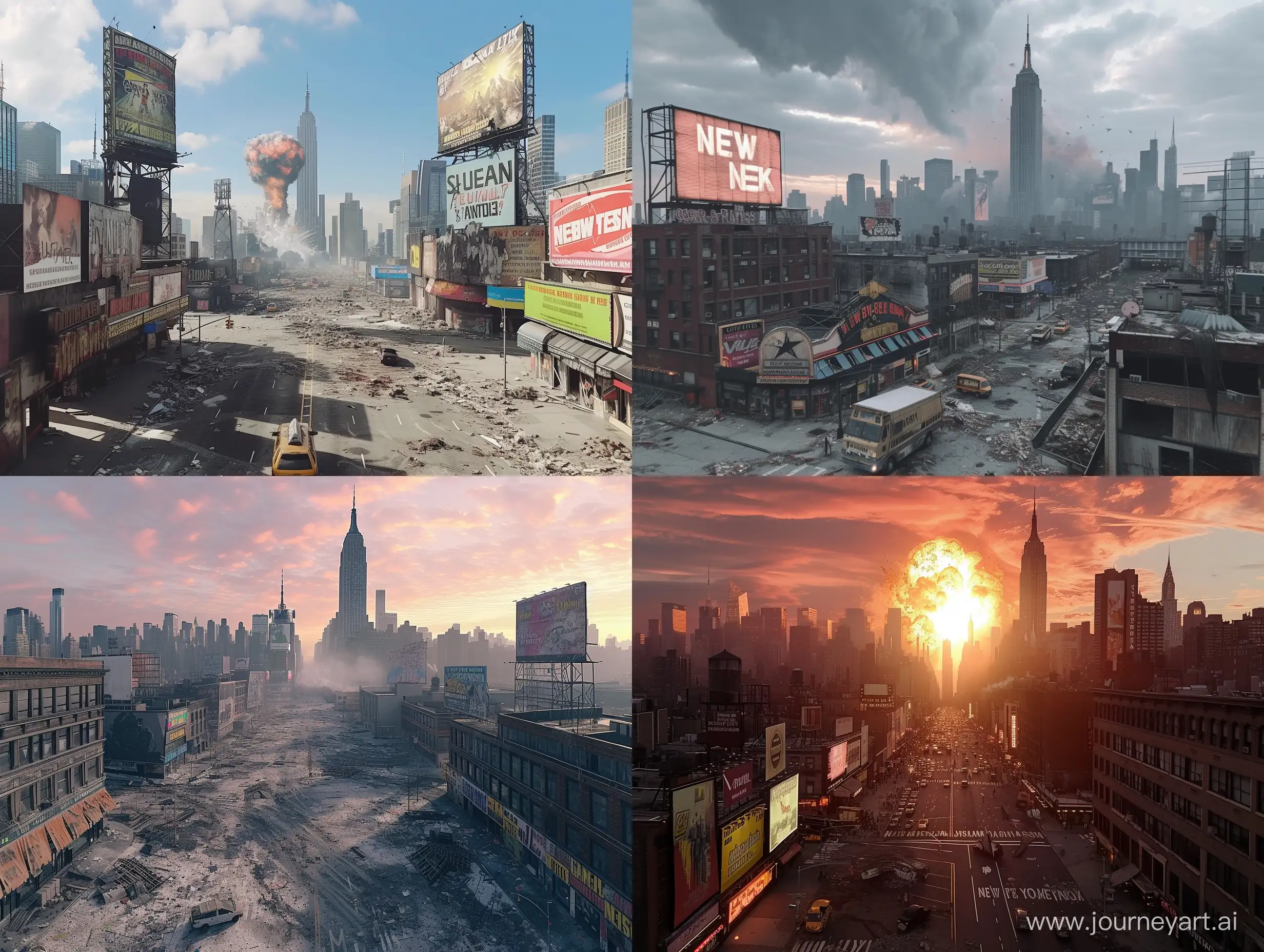 phone photo of new york aftermath of a nuke explosion, photography, natural lighting, scenes, skyline, drone view, billboards an stores, screengrab, detailed,