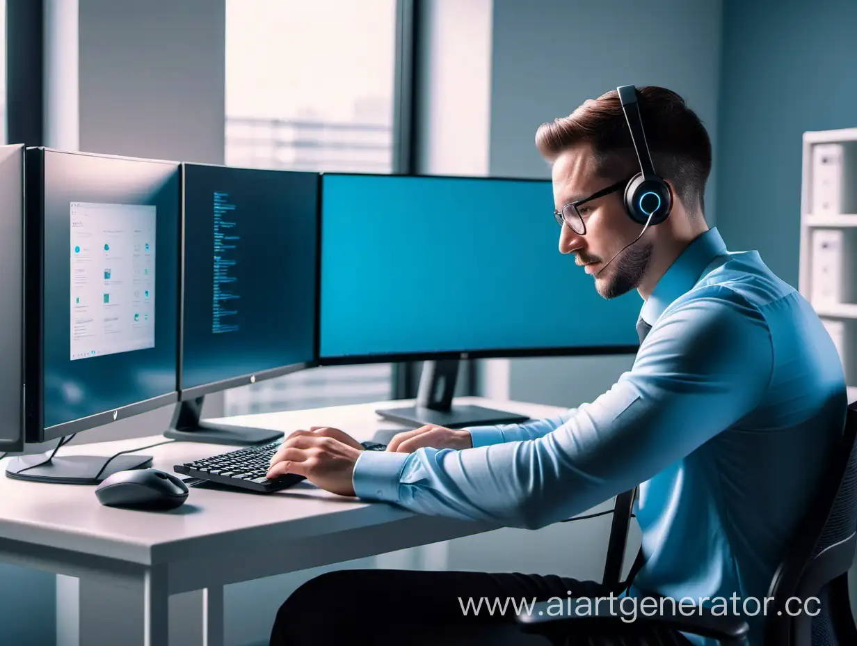 A computer technician in an office remotely connects to a client’s computer. blue tones. high background detail
